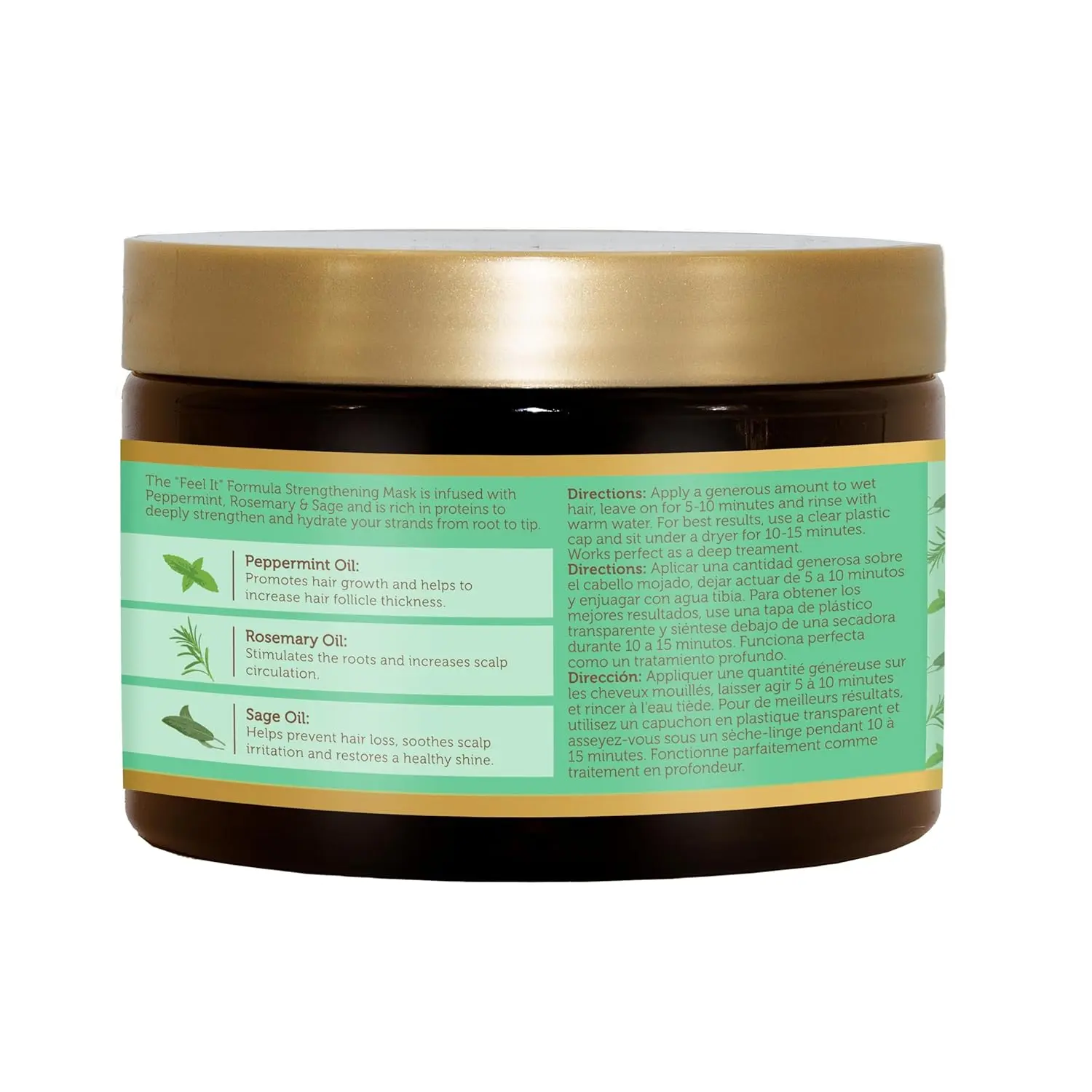 African Pride Feel It Formula hair mask infused with peppermint, rosemary, and sage oil to stimulate scalp, hydrate hair, and promote healthy growth for all hair types.