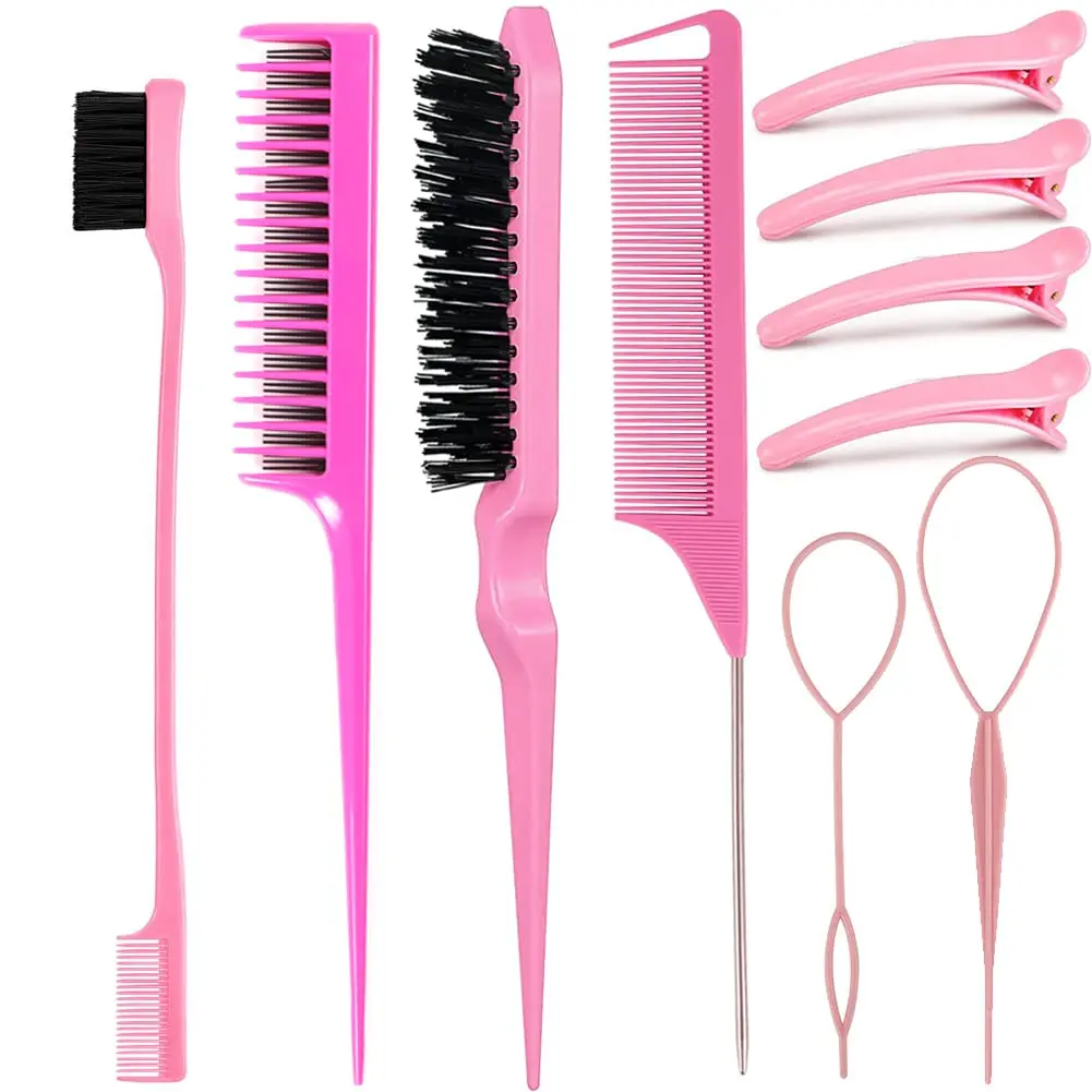 This 10-piece hair styling comb set includes a teasing brush, triple teasing comb, rat tail comb, edge brush, hair tail tools, braid loop, and hair clips for creating a variety of hairstyles for women, girls, and kids.