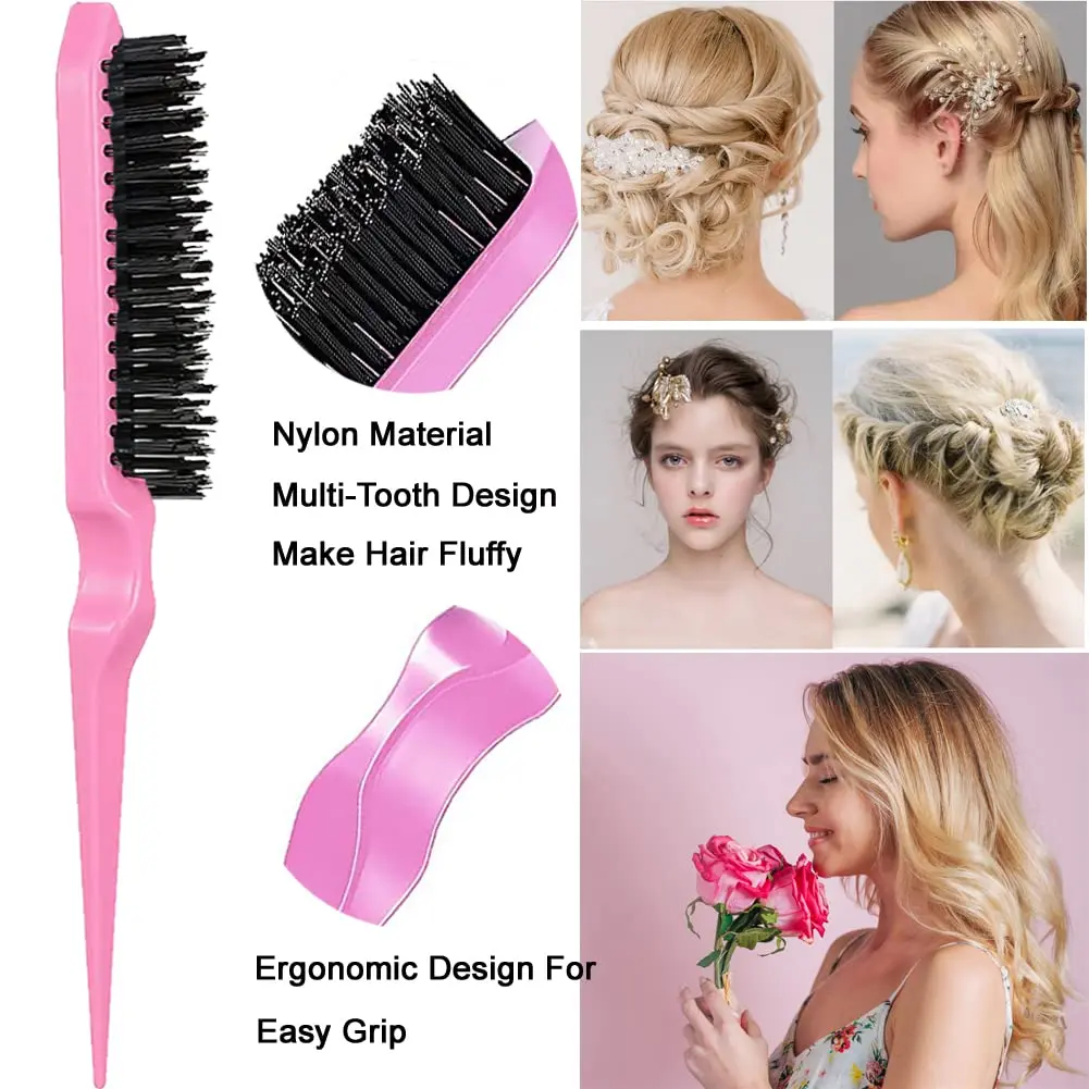 This 10-piece hair styling comb set includes a teasing brush, triple teasing comb, rat tail comb, edge brush, hair tail tools, braid loop, and hair clips for creating a variety of hairstyles for women, girls, and kids.