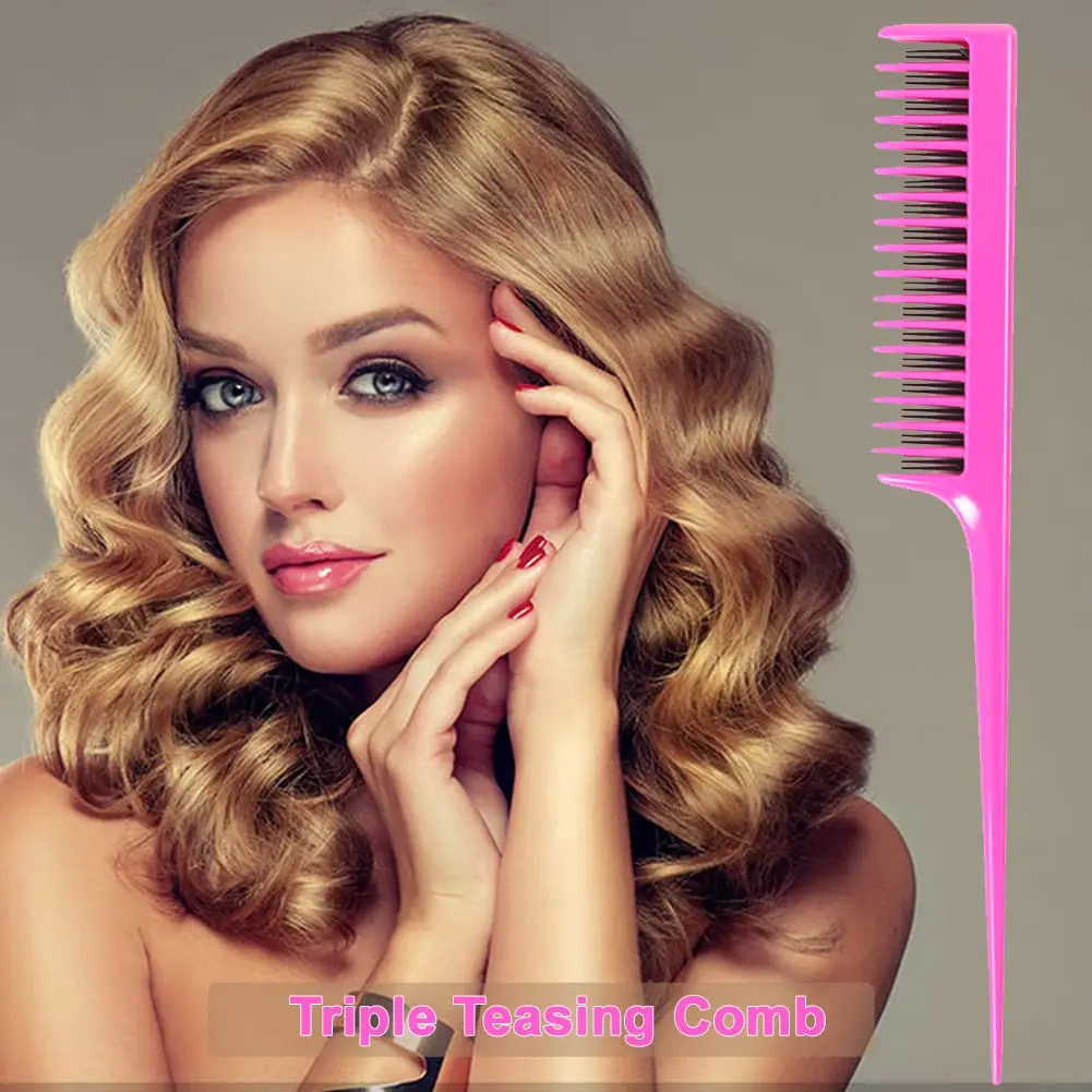 This 10-piece hair styling comb set includes a teasing brush, triple teasing comb, rat tail comb, edge brush, hair tail tools, braid loop, and hair clips for creating a variety of hairstyles for women, girls, and kids.