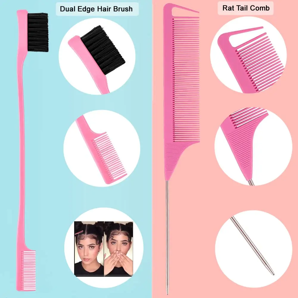 This 10-piece hair styling comb set includes a teasing brush, triple teasing comb, rat tail comb, edge brush, hair tail tools, braid loop, and hair clips for creating a variety of hairstyles for women, girls, and kids.