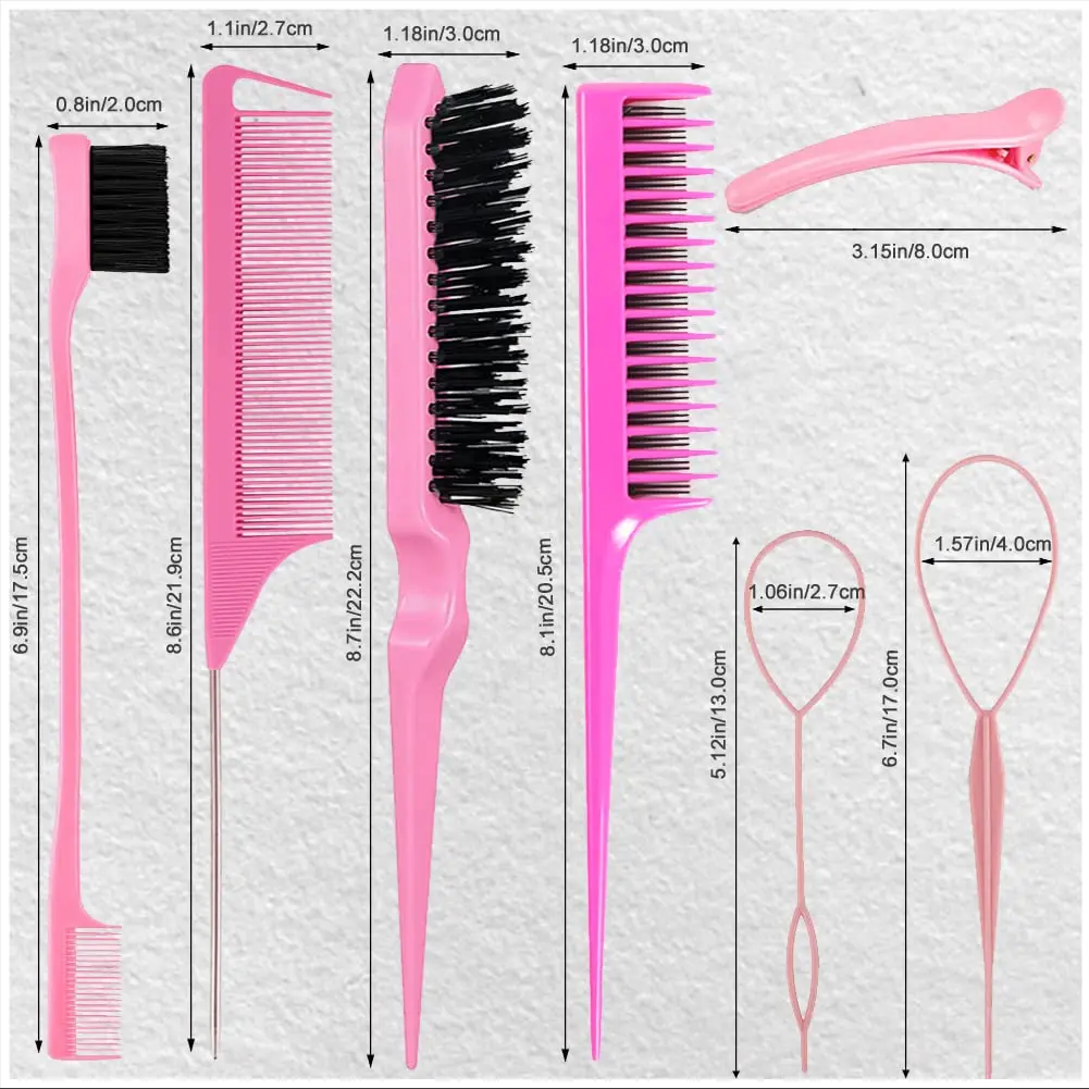 This 10-piece hair styling comb set includes a teasing brush, triple teasing comb, rat tail comb, edge brush, hair tail tools, braid loop, and hair clips for creating a variety of hairstyles for women, girls, and kids.