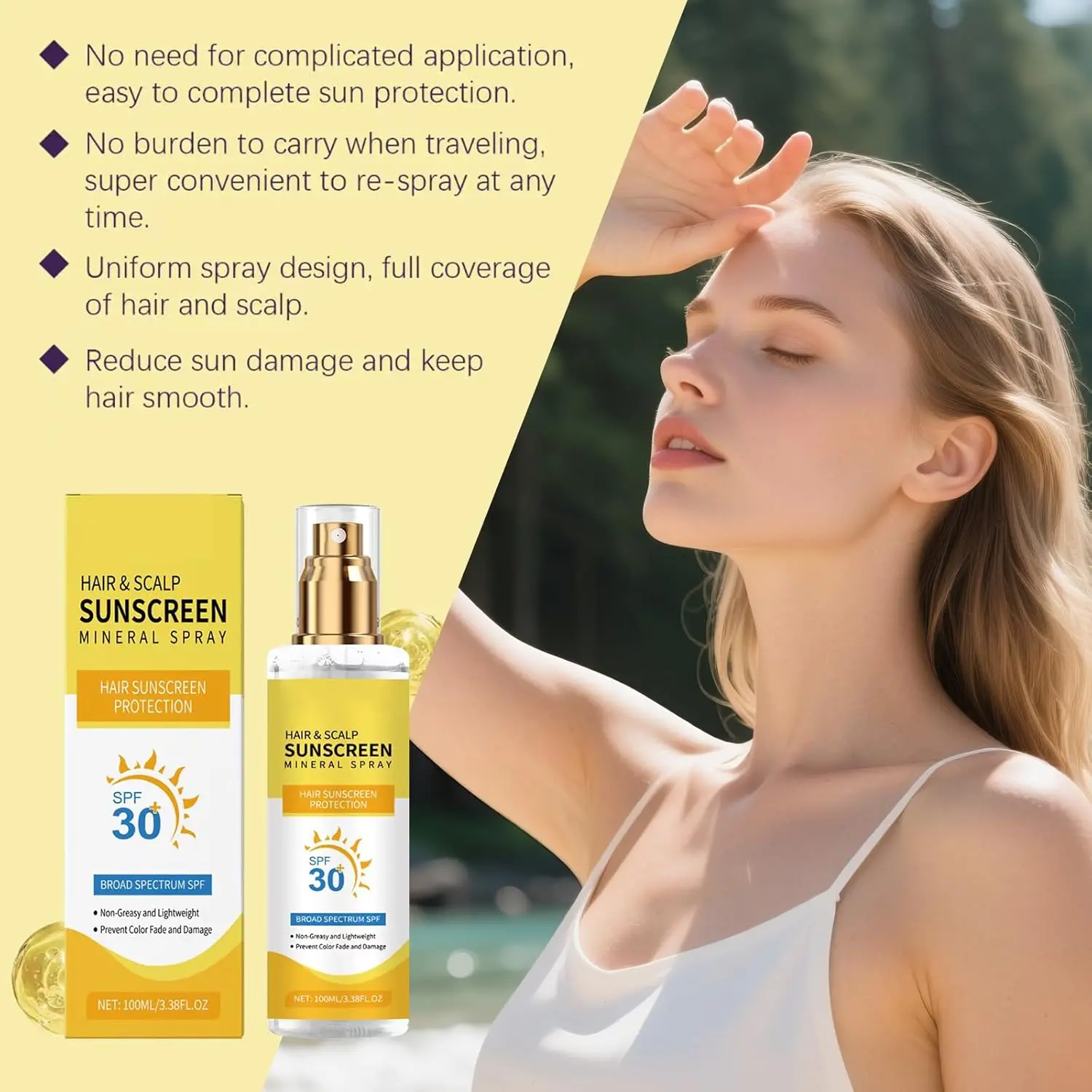 This lightweight hair sunscreen spray with coconut oil protects hair and scalp from sun damage, prevents color fading, and provides deep hydration for all hair types.