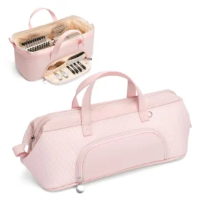 Pink travel case bag designed for Dyson Airwrap, Supersonic, Corrale and Shark FlexStyle hair tools, featuring organized compartments, premium PU material and soft lining for protection.