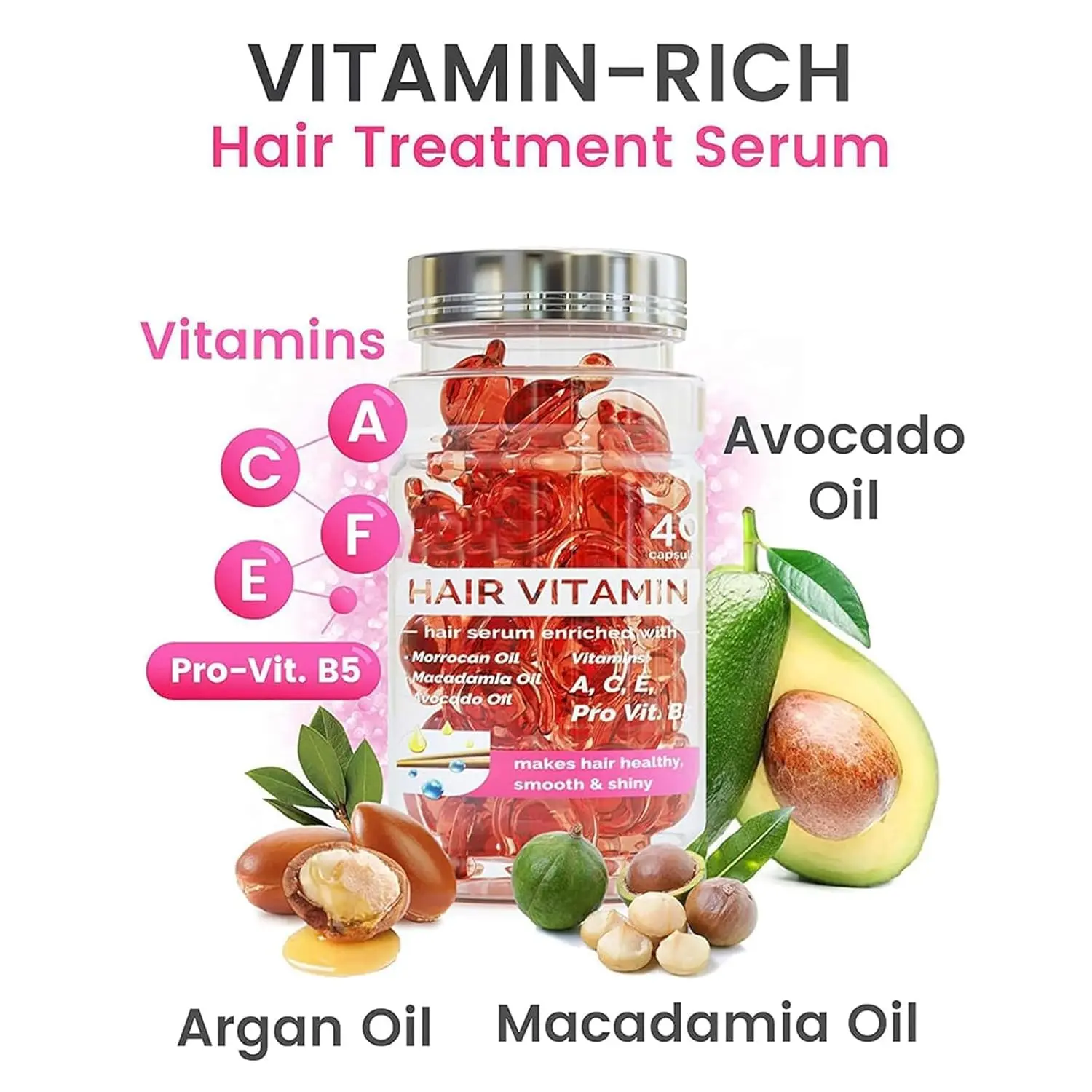 Hair treatment serum oil capsules enriched with argan, macadamia, avocado oil, and vitamins to repair, moisturize, and strengthen damaged hair for all hair types.