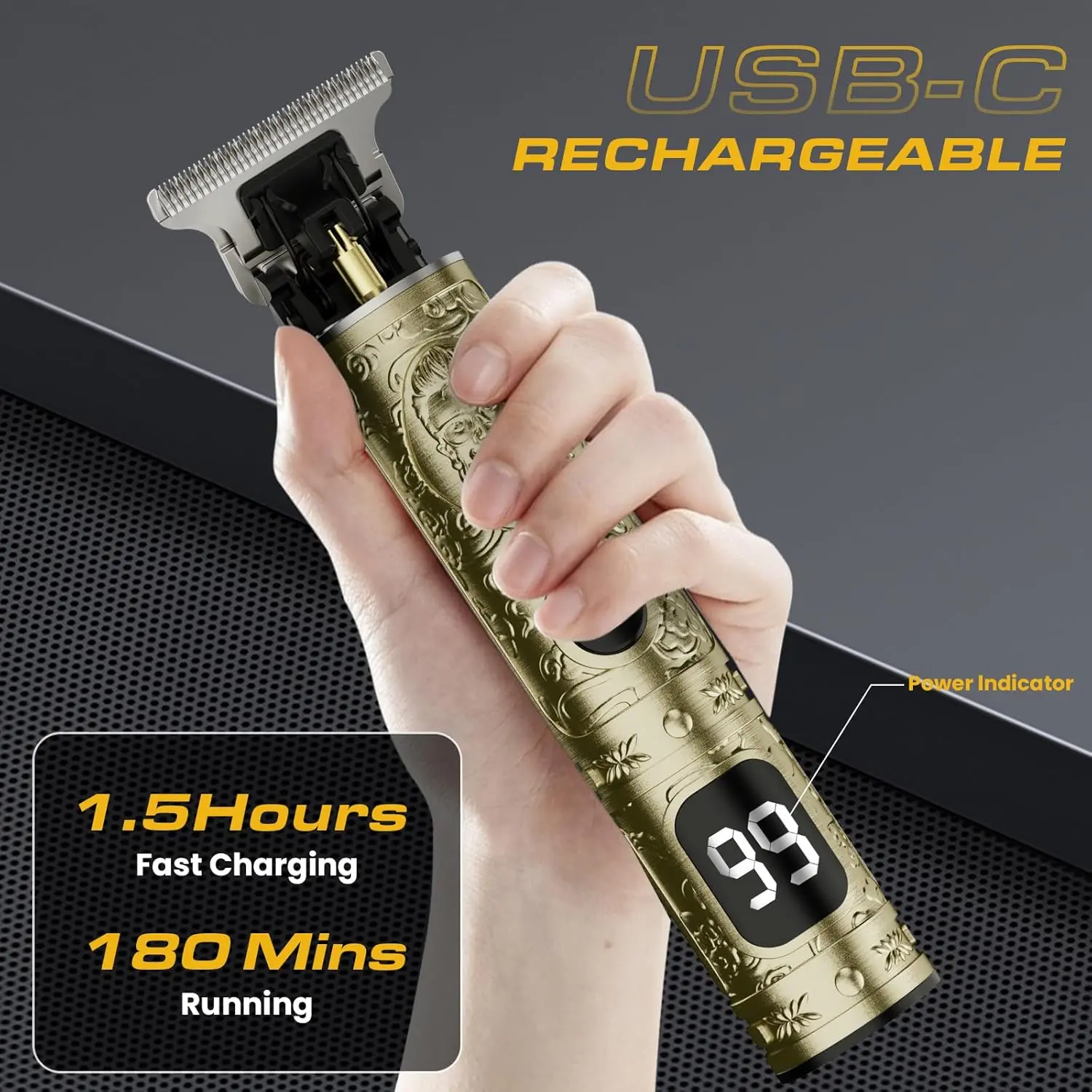 This cordless gold hair trimmer for men features zero gapped blades for professional beard and hair trimming, making it an ideal gift.