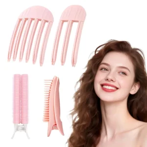 This four-piece hair volume clip set includes root lifter combs and a hair roller for creating fluffy bangs and high crown volume in all hair types.