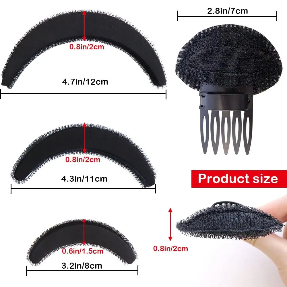 This set includes black hair volume inserts and bump up combs for creating voluminous updos and hairstyles for women and girls.