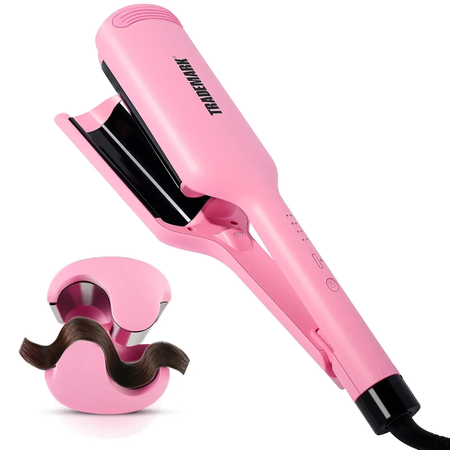 Pink double barrel hair waver creating effortless beach waves with adjustable temperature and tourmaline ceramic plates for shiny, frizz-free hair.