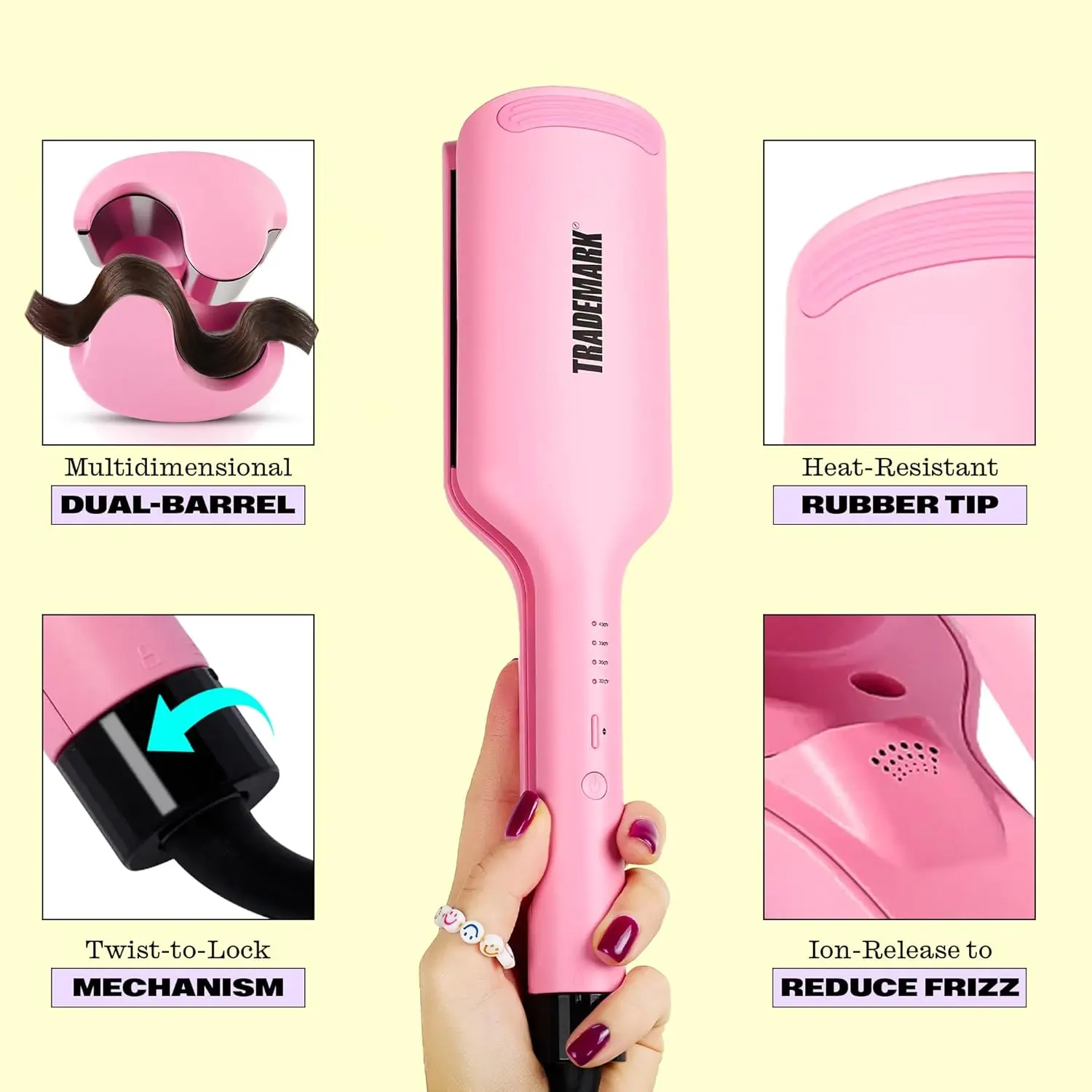 Pink double barrel hair waver creating effortless beach waves with adjustable temperature and tourmaline ceramic plates for shiny, frizz-free hair.
