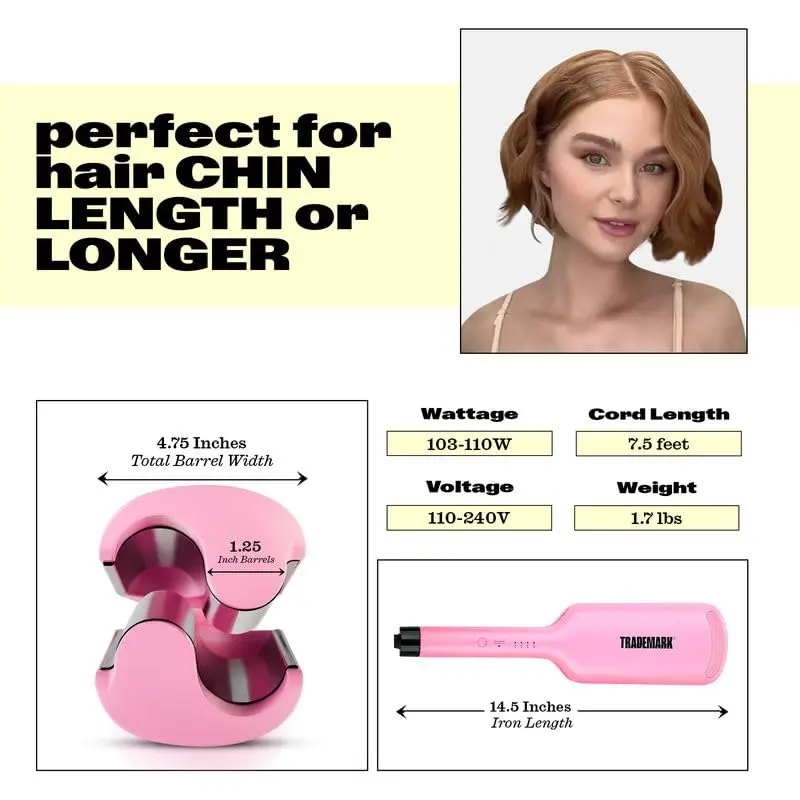 Pink double barrel hair waver creating effortless beach waves with adjustable temperature and tourmaline ceramic plates for shiny, frizz-free hair.