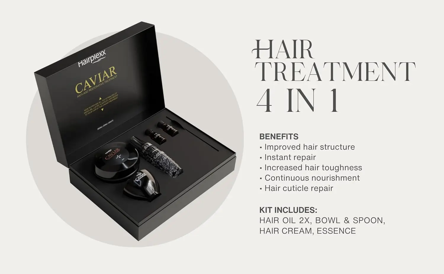 Hairplexx Caviar anti-age restorative treatment kit includes a mask, serum, hair oil, and bowl to improve hair structure, repair instantly, recover toughness, and nourish with essential amino acids, protein, and fatty acids for super strong hair.