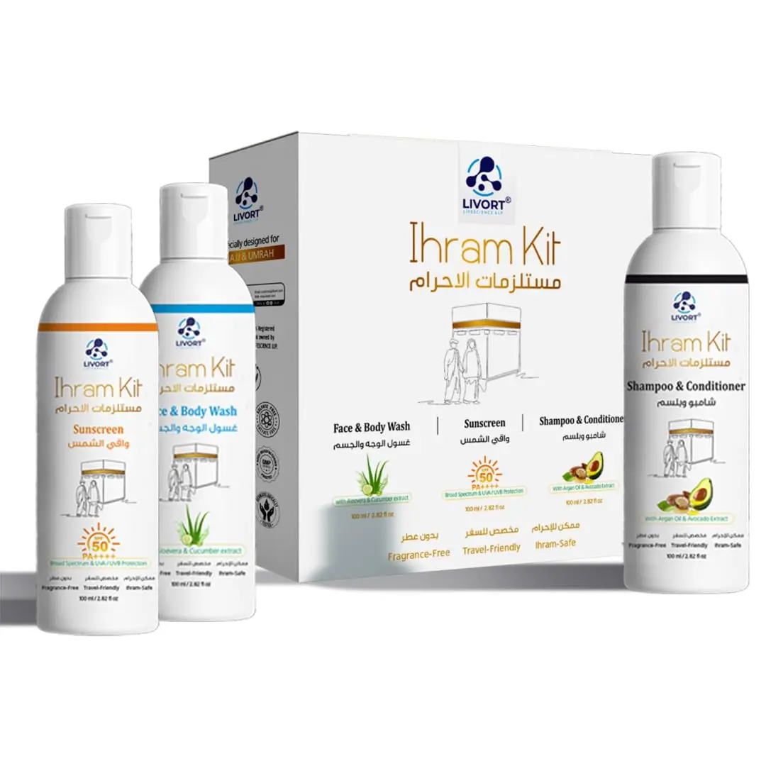 This travel-friendly, fragrance-free Hajj and Umrah kit includes a moisturizing face and body wash with aloe vera and cucumber, SPF 50 PA++++ sunscreen with Vitamin E, and argan oil shampoo and conditioner for soft, nourished hair.