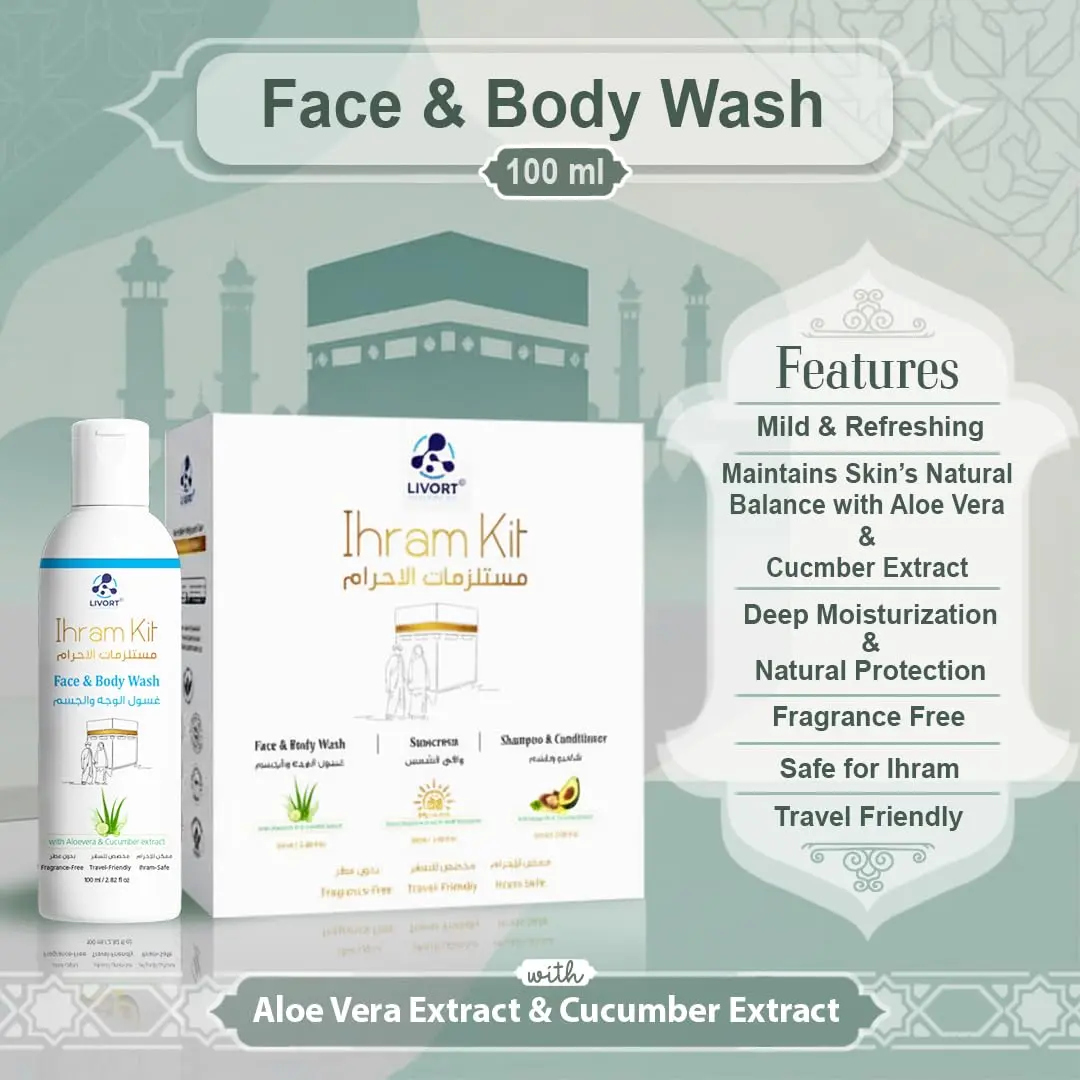 This travel-friendly, fragrance-free Hajj and Umrah kit includes a moisturizing face and body wash with aloe vera and cucumber, SPF 50 PA++++ sunscreen with Vitamin E, and argan oil shampoo and conditioner for soft, nourished hair.