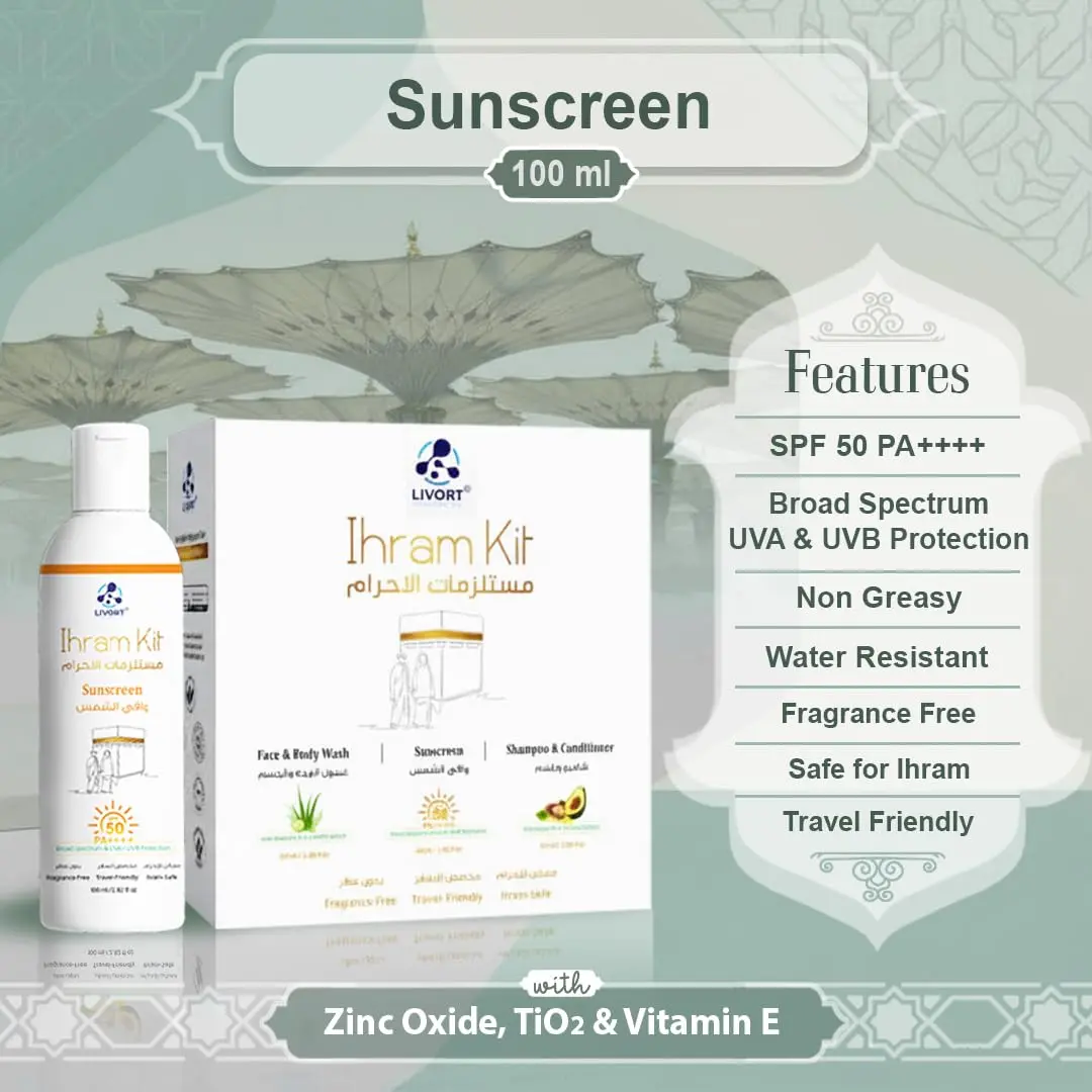 This travel-friendly, fragrance-free Hajj and Umrah kit includes a moisturizing face and body wash with aloe vera and cucumber, SPF 50 PA++++ sunscreen with Vitamin E, and argan oil shampoo and conditioner for soft, nourished hair.