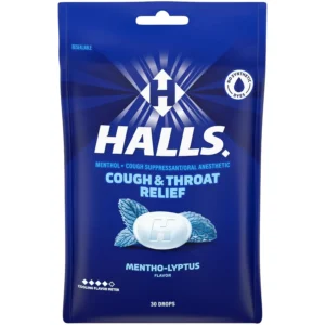 This is a package of 30 HALLS Relief Mentho-Lyptus cough drops to relieve coughs, soothe sore throats, and cool nasal passages.