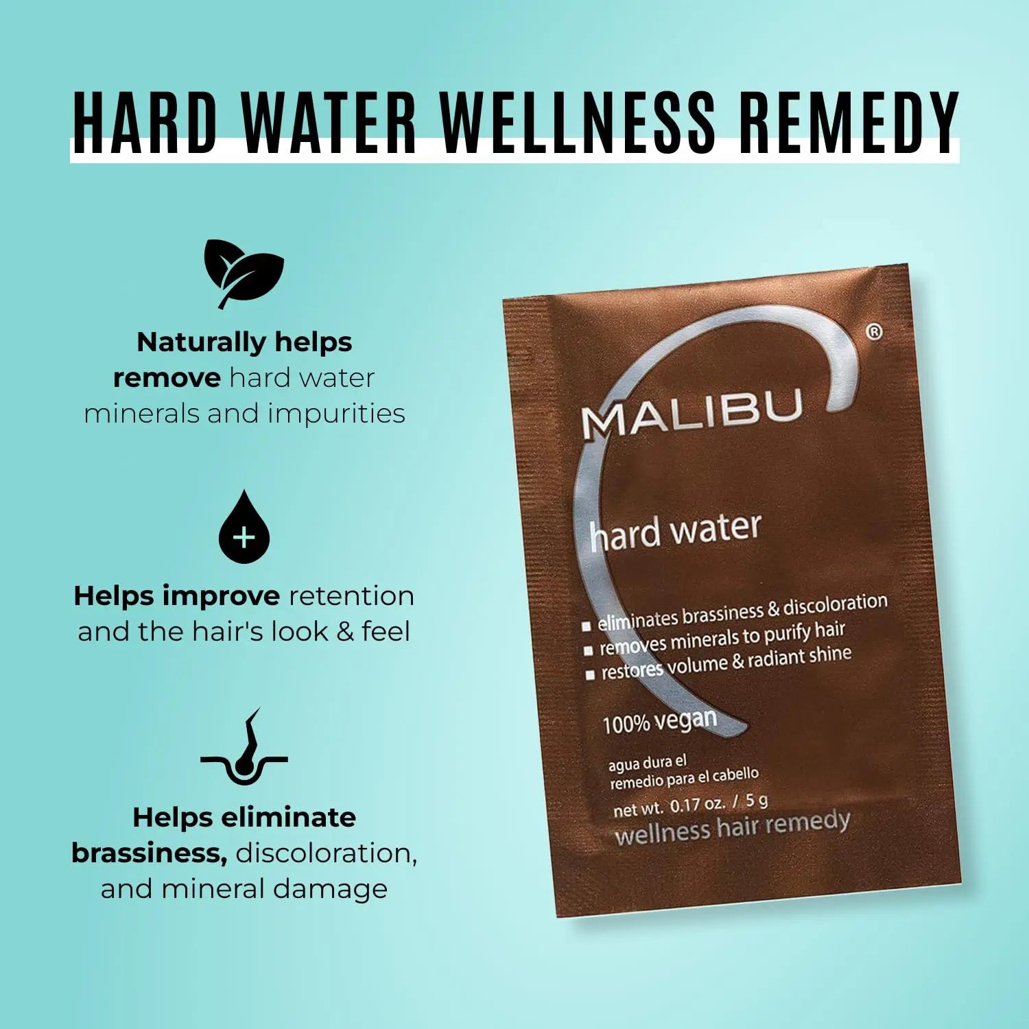 Malibu C Hard Water Wellness Hair Remedy removes hard water deposits and impurities, eliminating brassiness and discoloration for healthier, shinier, and more vibrant hair.