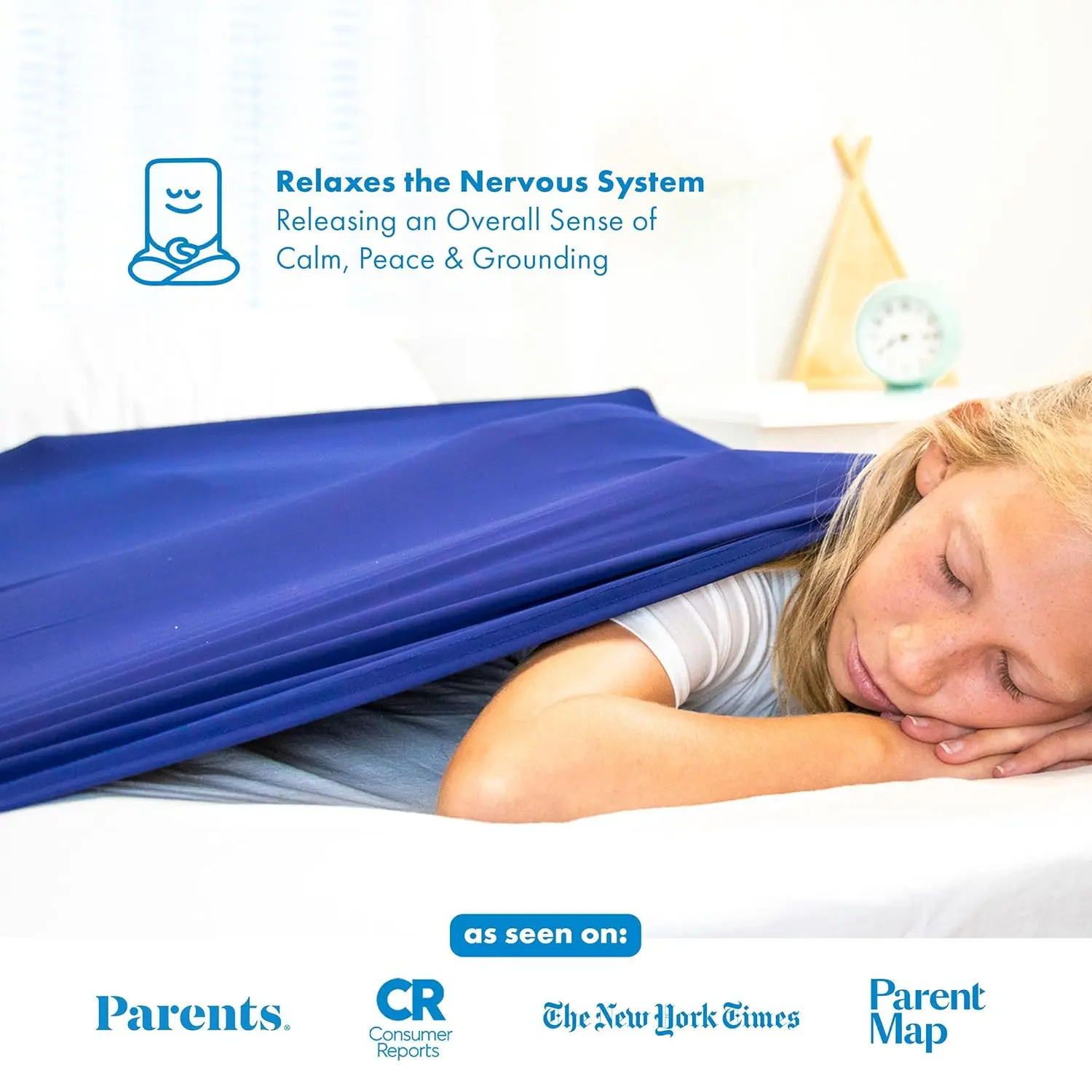 This cooling blue Harkla sensory compression sheet for kids offers a snug, calming fit on a full size bed, creating a comfortable sleep experience and helping reduce anxiety and restlessness.