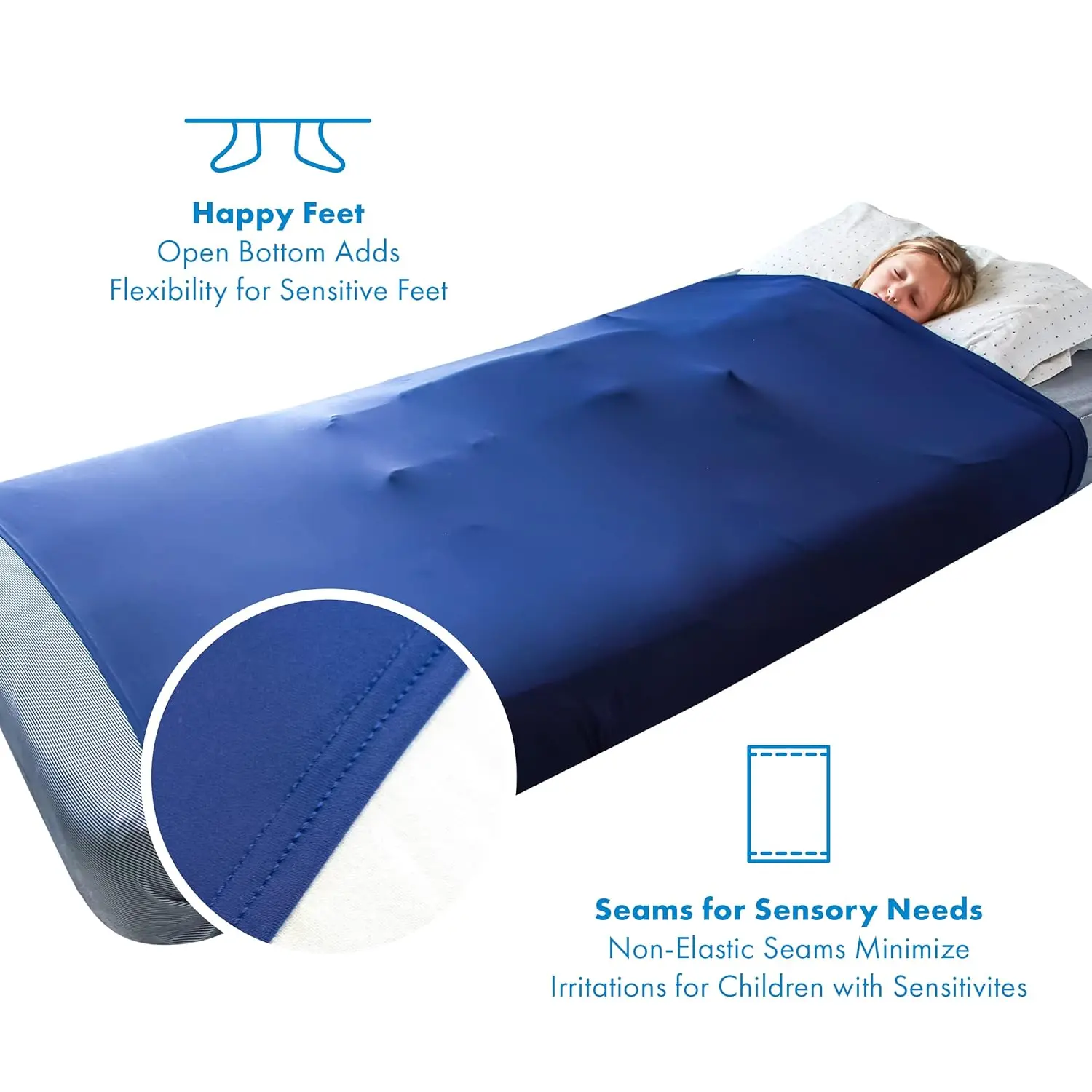This cooling blue Harkla sensory compression sheet for kids offers a snug, calming fit on a full size bed, creating a comfortable sleep experience and helping reduce anxiety and restlessness.