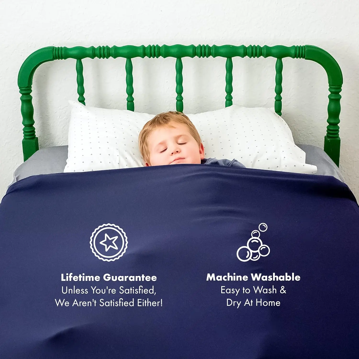 This cooling blue Harkla sensory compression sheet for kids offers a snug, calming fit on a full size bed, creating a comfortable sleep experience and helping reduce anxiety and restlessness.