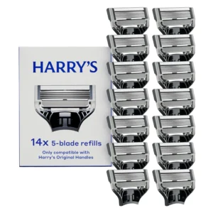 Close-up of Harry's razor blade refills for men, featuring five blades, a lubricating strip, and a flex hinge for a smooth and comfortable shave.