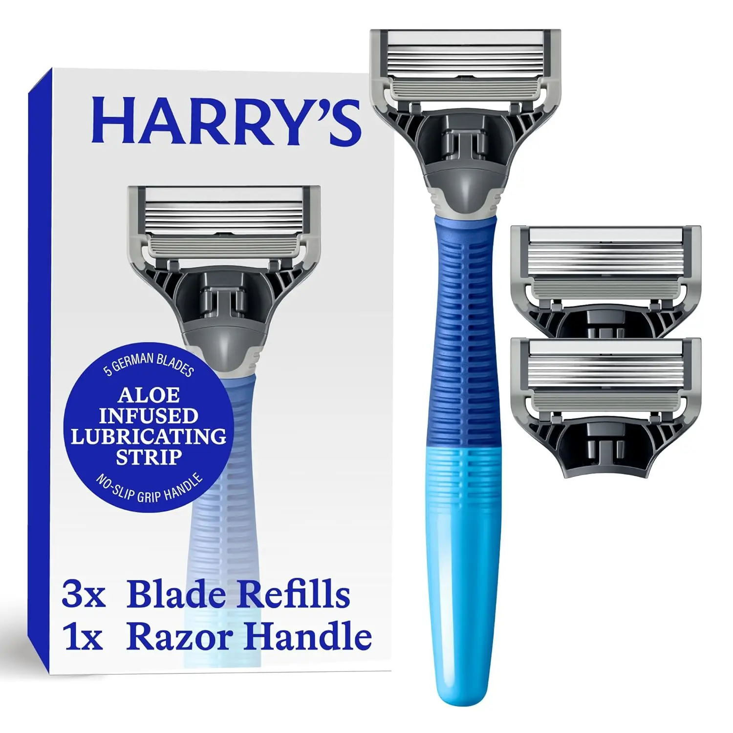 Harry's ocean blue shaving kit for men includes a razor handle and three German-engineered blade refills for a smooth and comfortable shave.