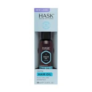 A bottle of Hask Argan Oil Repairing Shine Hair Oil that is free of parabens, sulfates, phthalates, gluten, drying alcohol and artificial colors, designed to repair and add shine to hair.