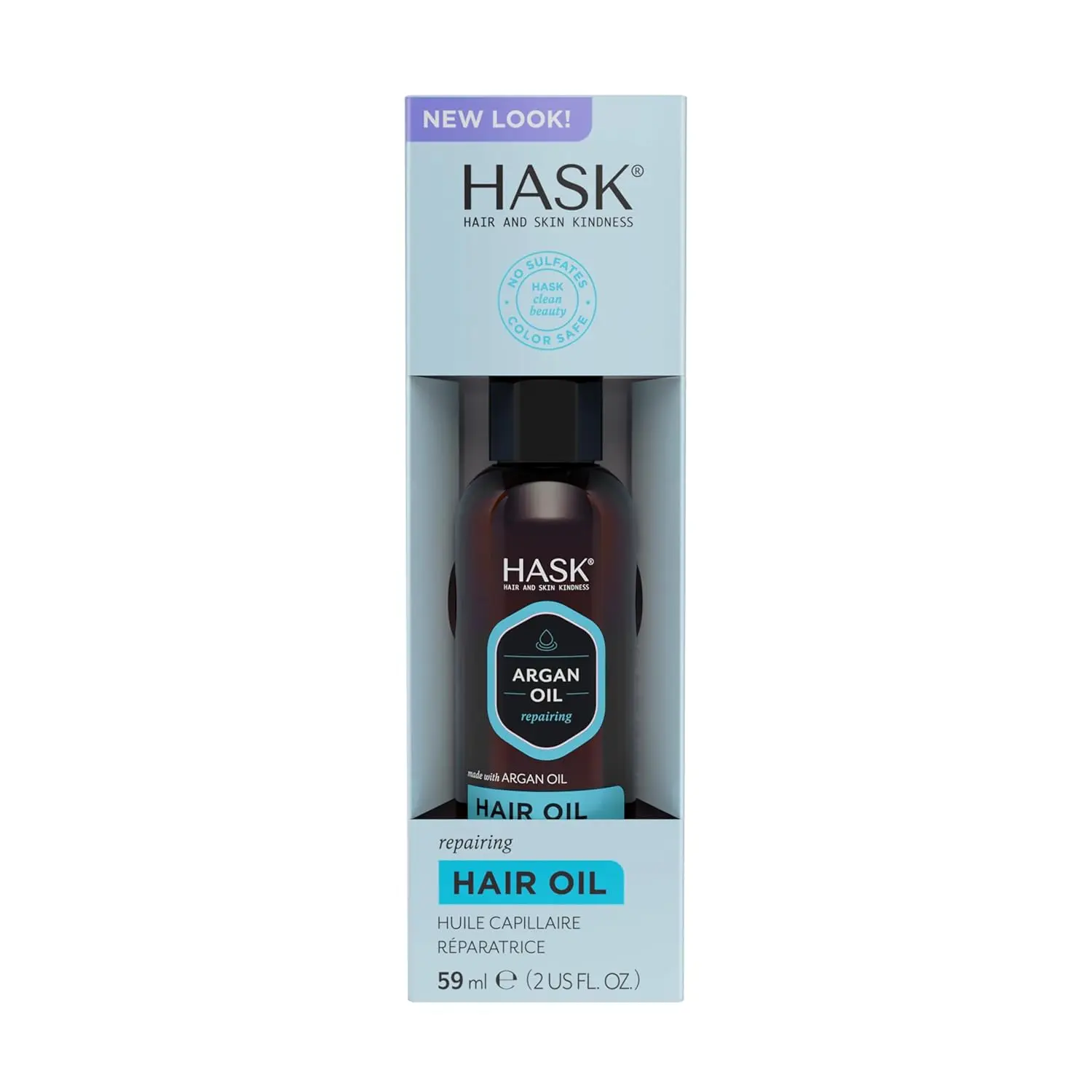 A bottle of Hask Argan Oil Repairing Shine Hair Oil that is free of parabens, sulfates, phthalates, gluten, drying alcohol and artificial colors, designed to repair and add shine to hair.
