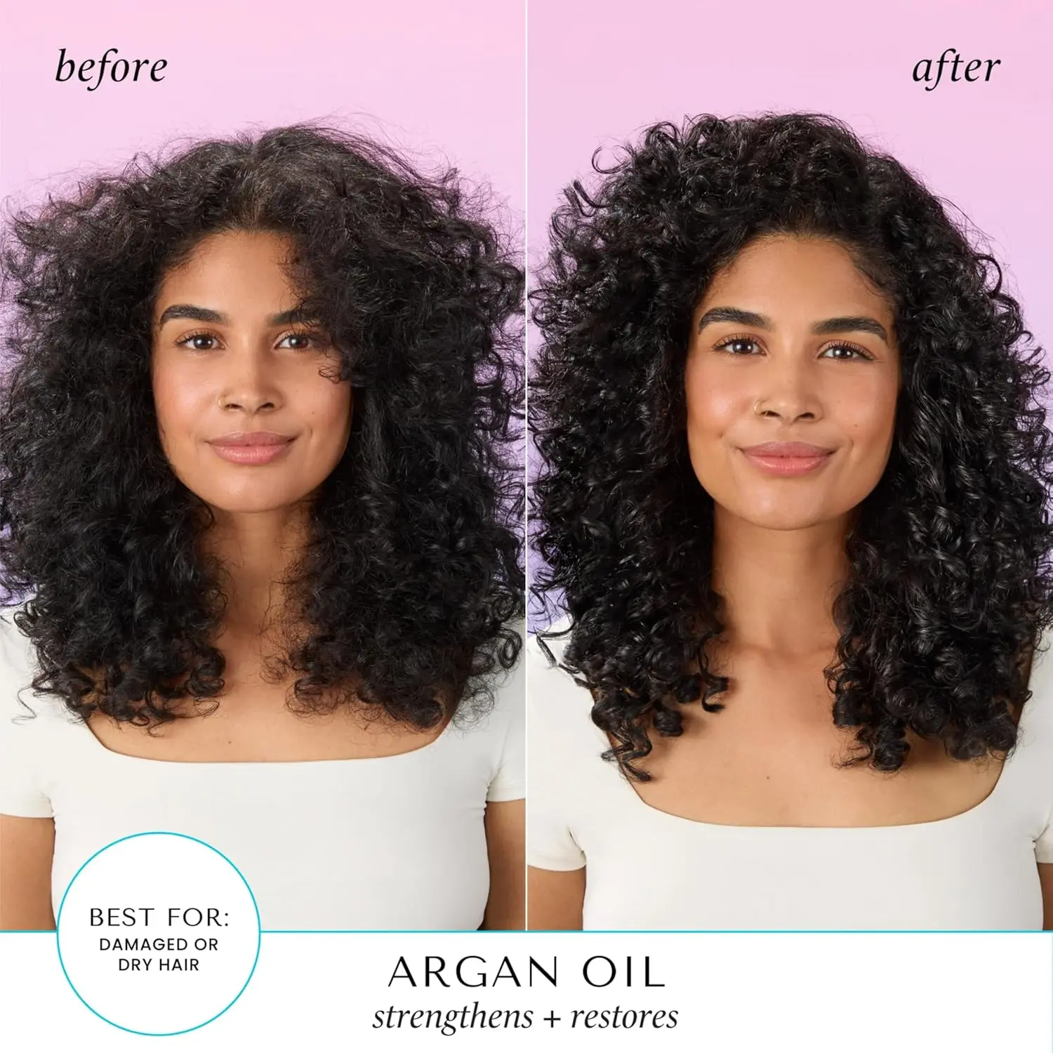 A bottle of Hask Argan Oil Repairing Shine Hair Oil that is free of parabens, sulfates, phthalates, gluten, drying alcohol and artificial colors, designed to repair and add shine to hair.