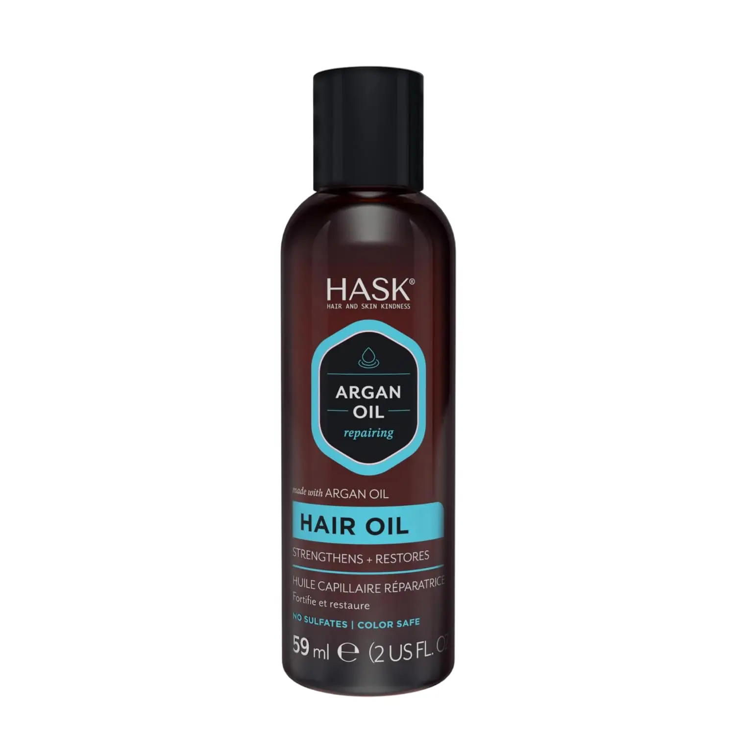 A bottle of Hask Argan Oil Repairing Shine Hair Oil that is free of parabens, sulfates, phthalates, gluten, drying alcohol and artificial colors, designed to repair and add shine to hair.