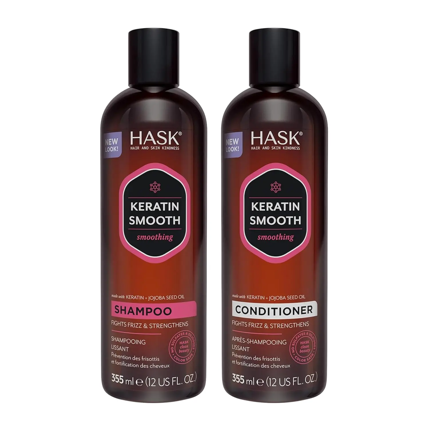 HASK Keratin Protein shampoo and conditioner set softens, renews, and reduces frizz for color-treated, dry, and frizzy hair, leaving it soft, revitalized, and shiny.