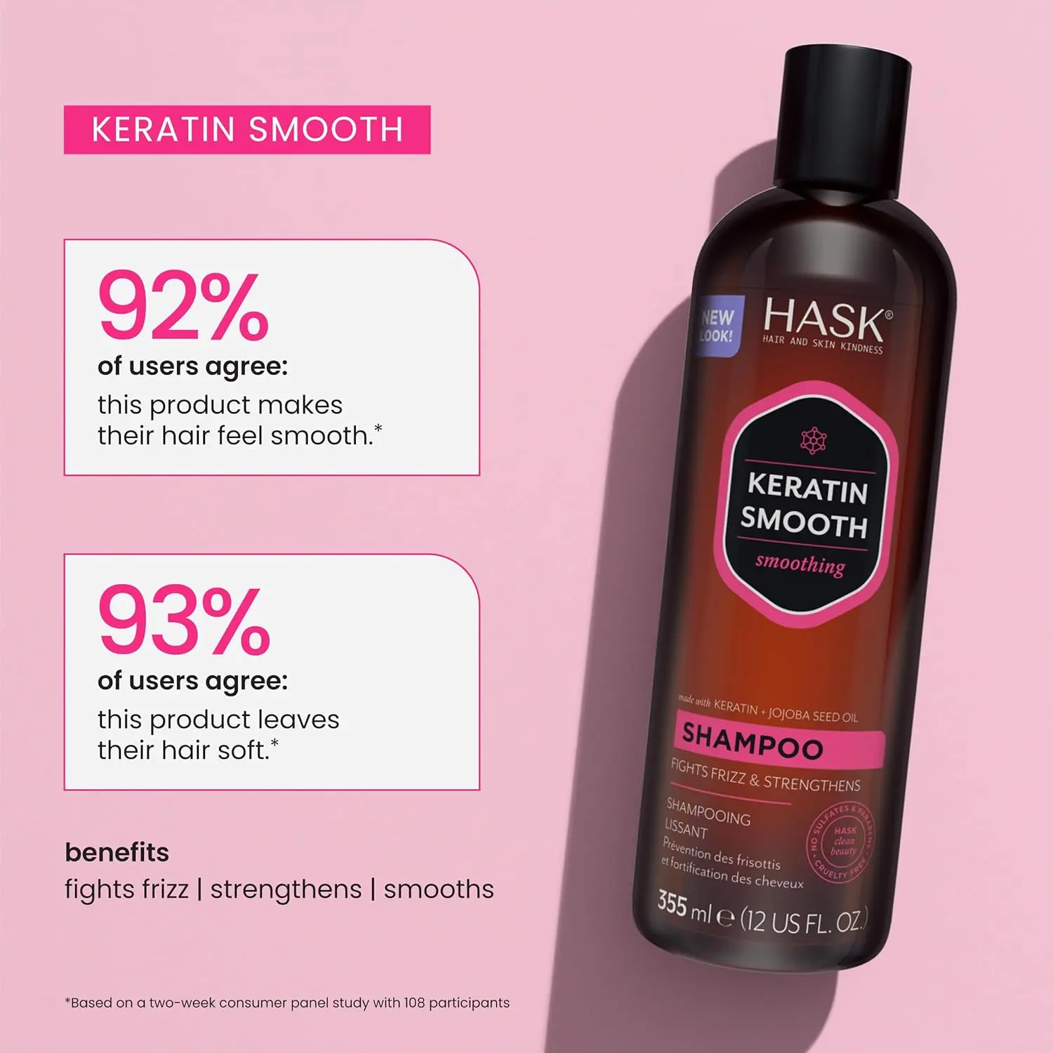 HASK Keratin Protein shampoo and conditioner set softens, renews, and reduces frizz for color-treated, dry, and frizzy hair, leaving it soft, revitalized, and shiny.