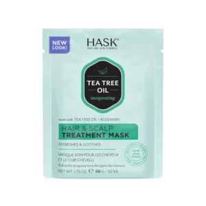 A single-use packet of Hask Tea Tree hair and scalp treatment mask, formulated without sulphates, parabens, or phthalates, and safe for color-treated hair.