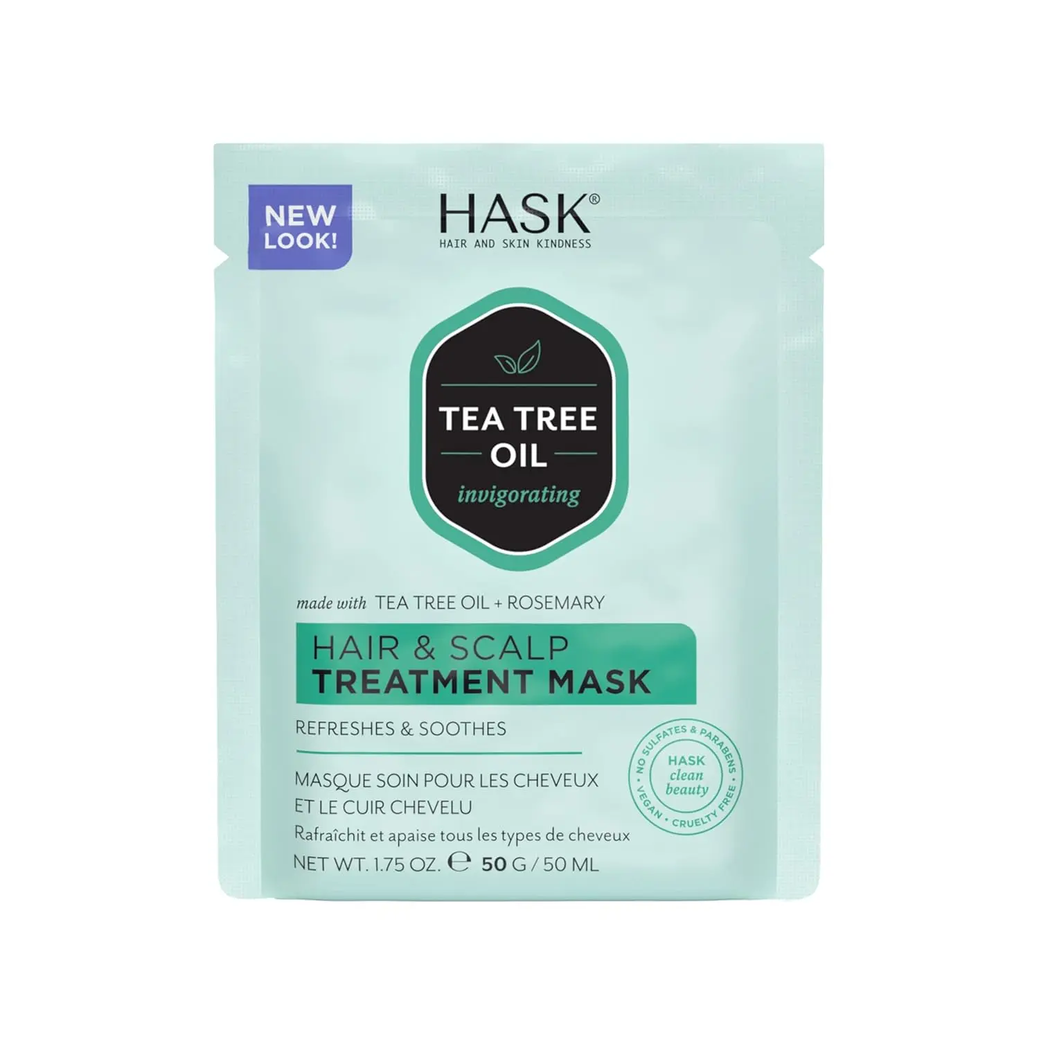 A single-use packet of Hask Tea Tree hair and scalp treatment mask, formulated without sulphates, parabens, or phthalates, and safe for color-treated hair.