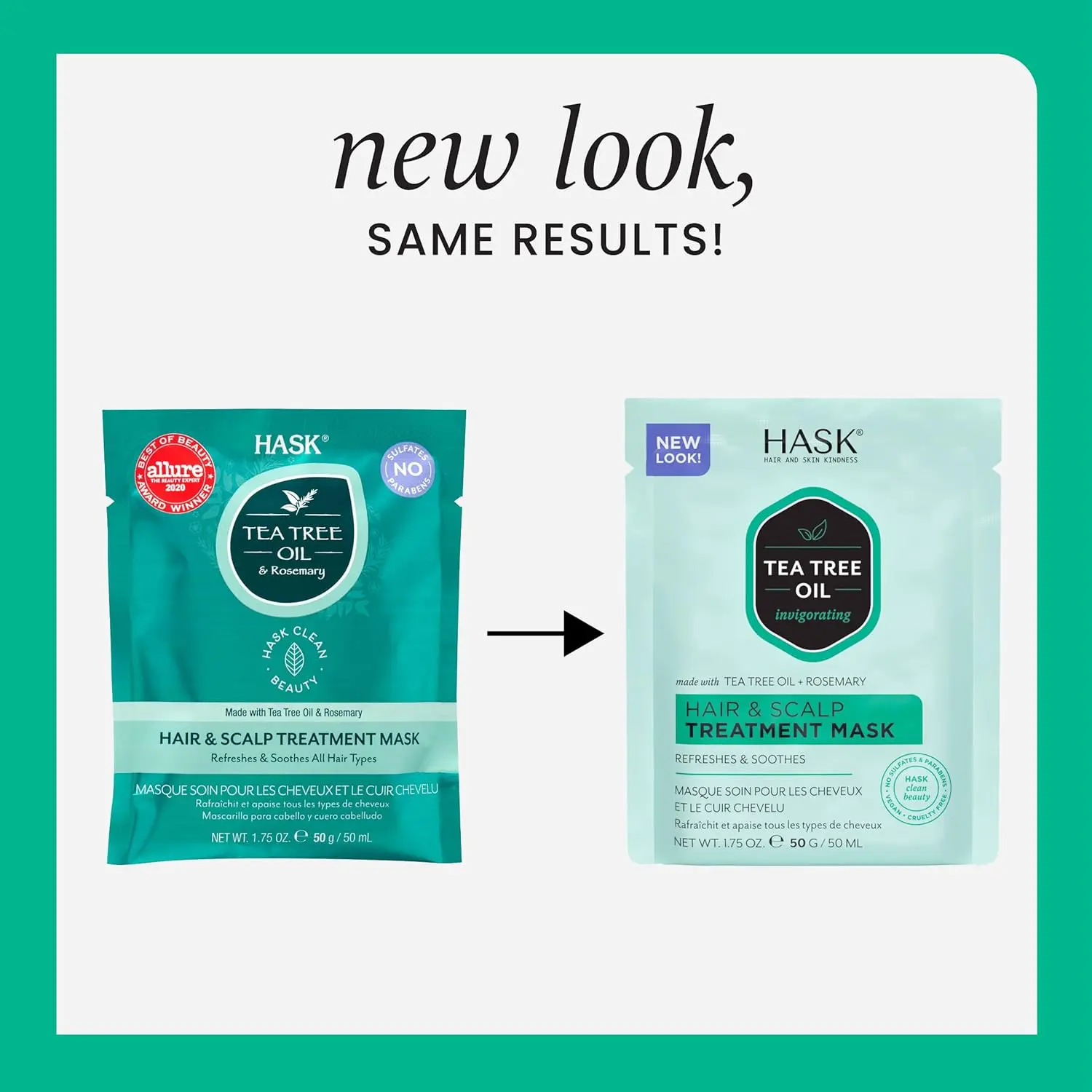 A single-use packet of Hask Tea Tree hair and scalp treatment mask, formulated without sulphates, parabens, or phthalates, and safe for color-treated hair.