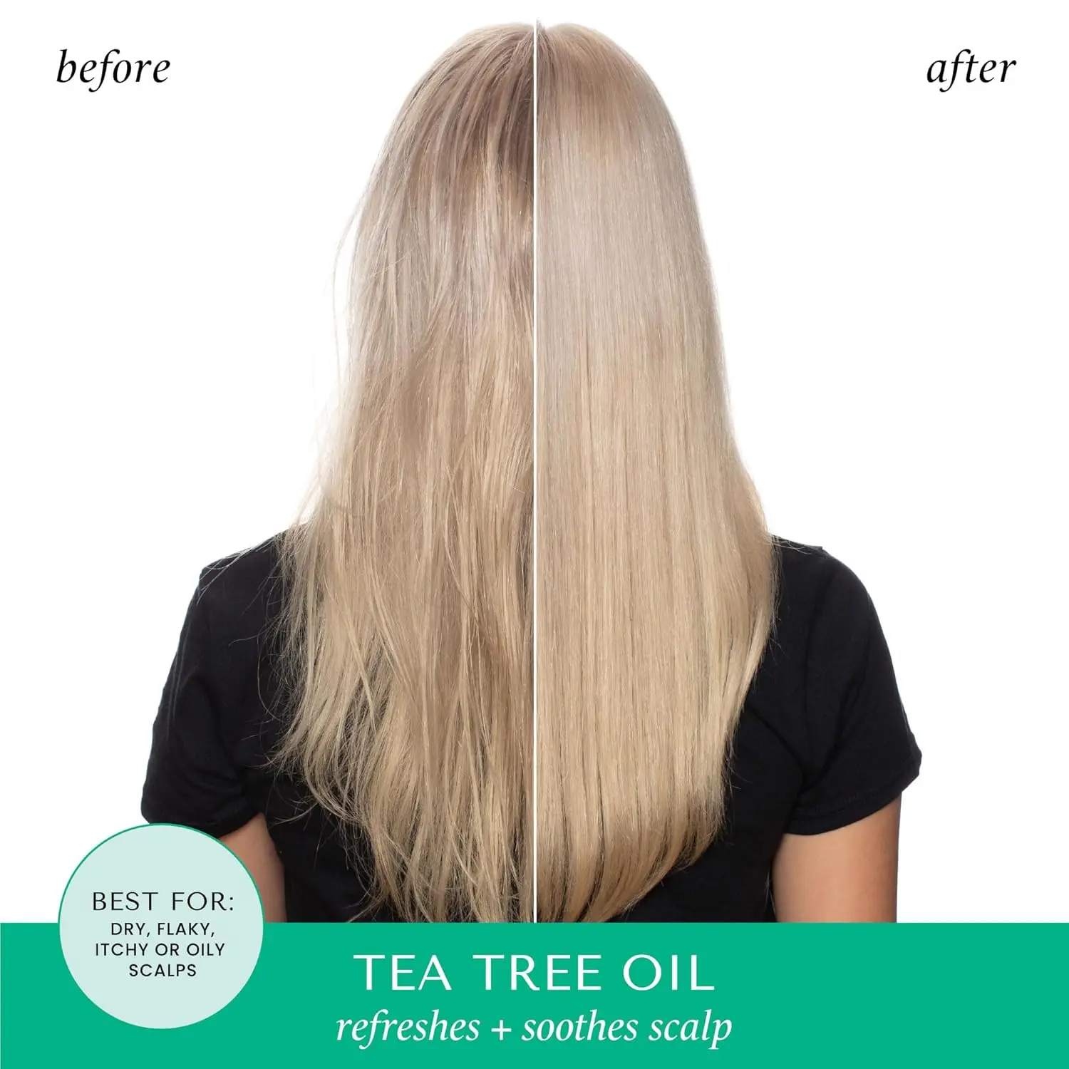 A single-use packet of Hask Tea Tree hair and scalp treatment mask, formulated without sulphates, parabens, or phthalates, and safe for color-treated hair.
