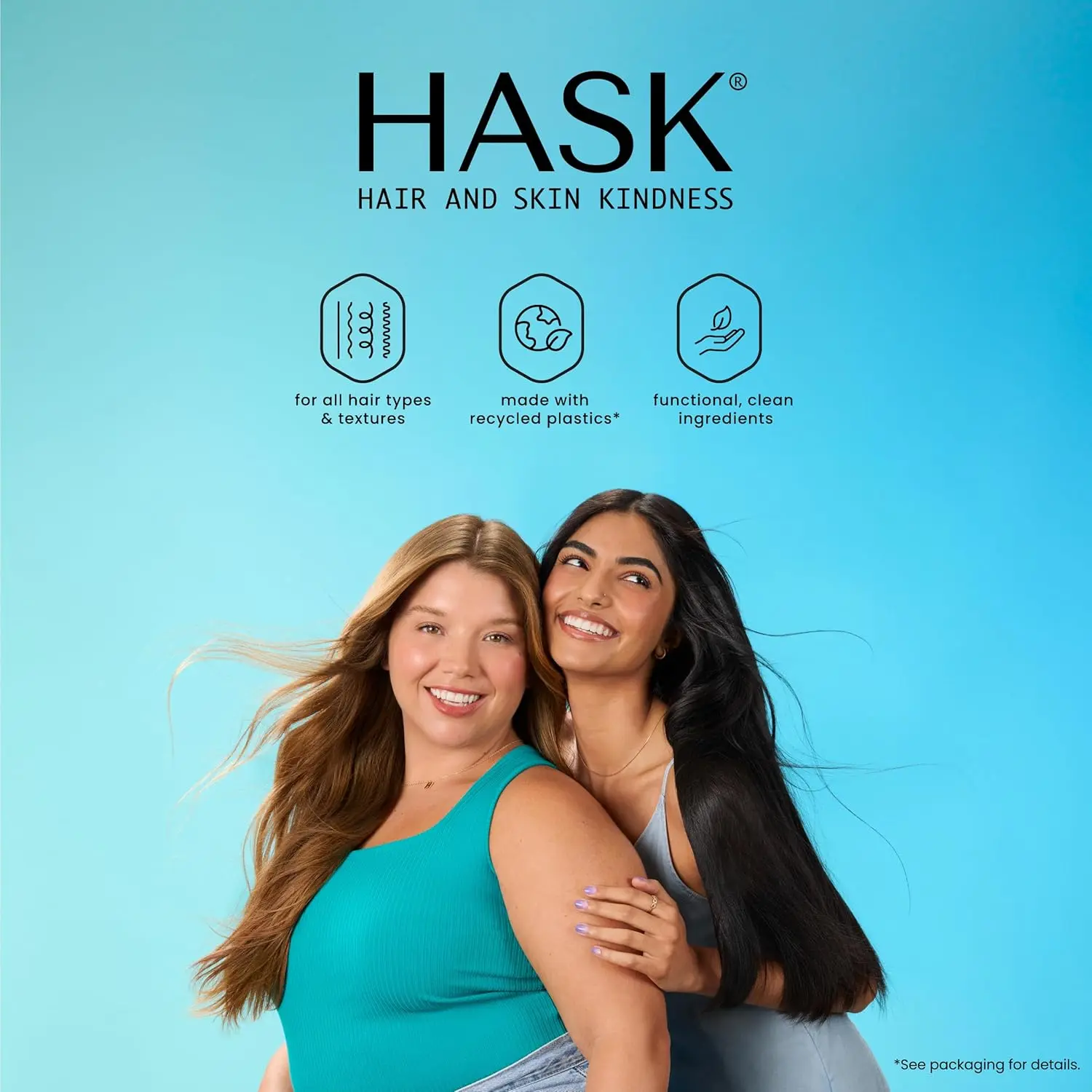A single-use packet of Hask Tea Tree hair and scalp treatment mask, formulated without sulphates, parabens, or phthalates, and safe for color-treated hair.