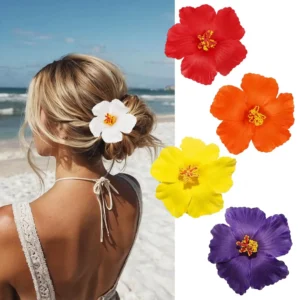 Four colorful Hawaiian flower hair clips, including red, orange, purple, and yellow hibiscus designs, perfect for adding a tropical touch to hairstyles for beach outings, weddings, and everyday wear.