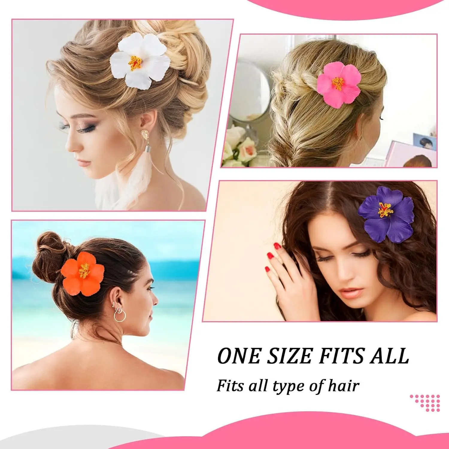 Four colorful Hawaiian flower hair clips, including red, orange, purple, and yellow hibiscus designs, perfect for adding a tropical touch to hairstyles for beach outings, weddings, and everyday wear.