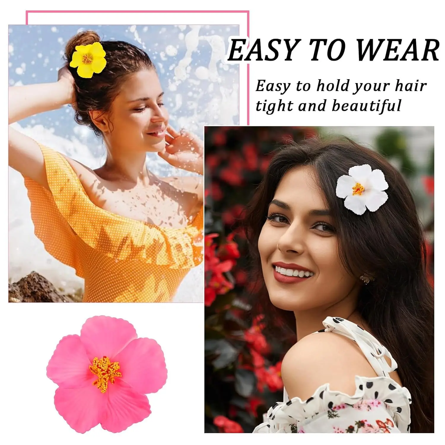 Four colorful Hawaiian flower hair clips, including red, orange, purple, and yellow hibiscus designs, perfect for adding a tropical touch to hairstyles for beach outings, weddings, and everyday wear.
