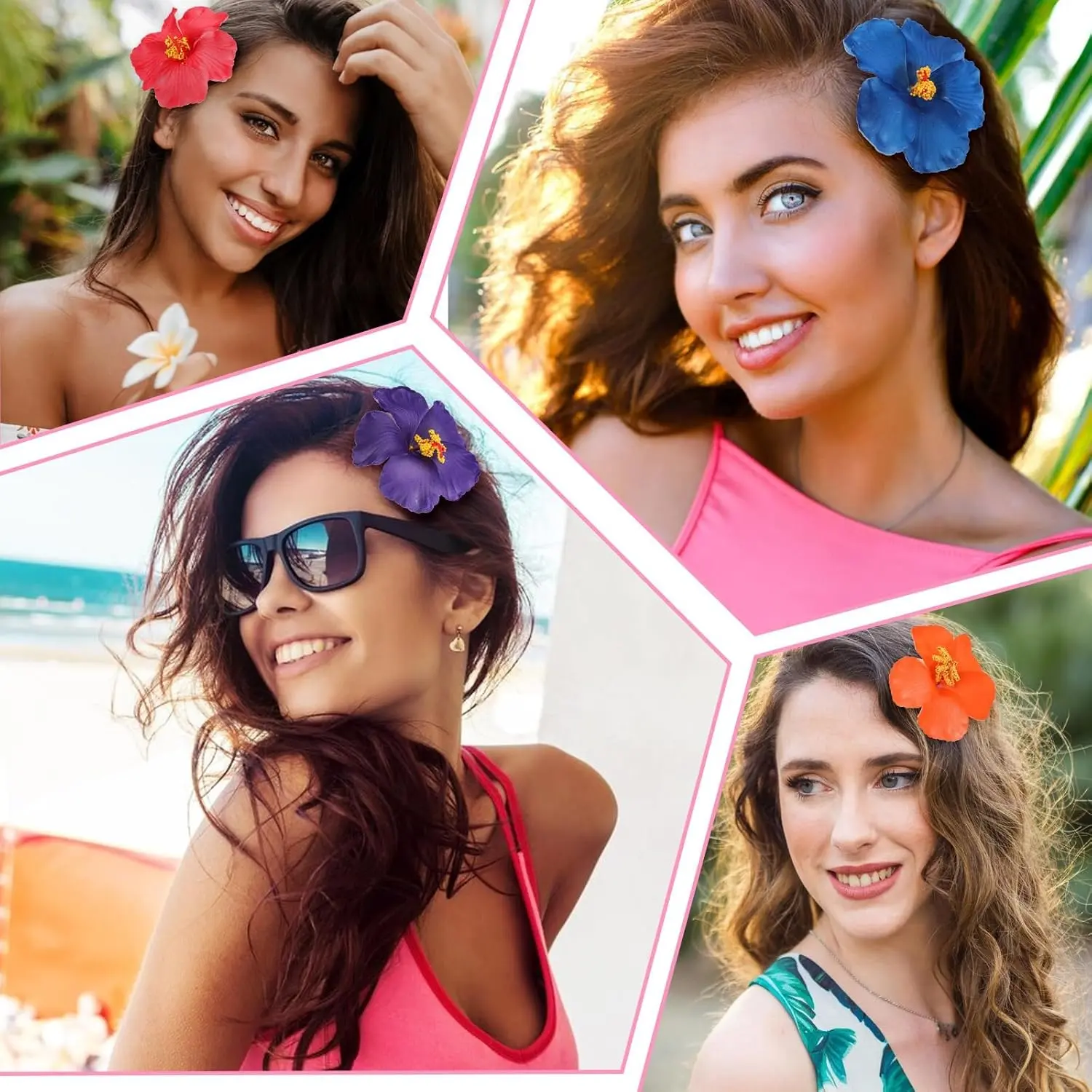 Four colorful Hawaiian flower hair clips, including red, orange, purple, and yellow hibiscus designs, perfect for adding a tropical touch to hairstyles for beach outings, weddings, and everyday wear.