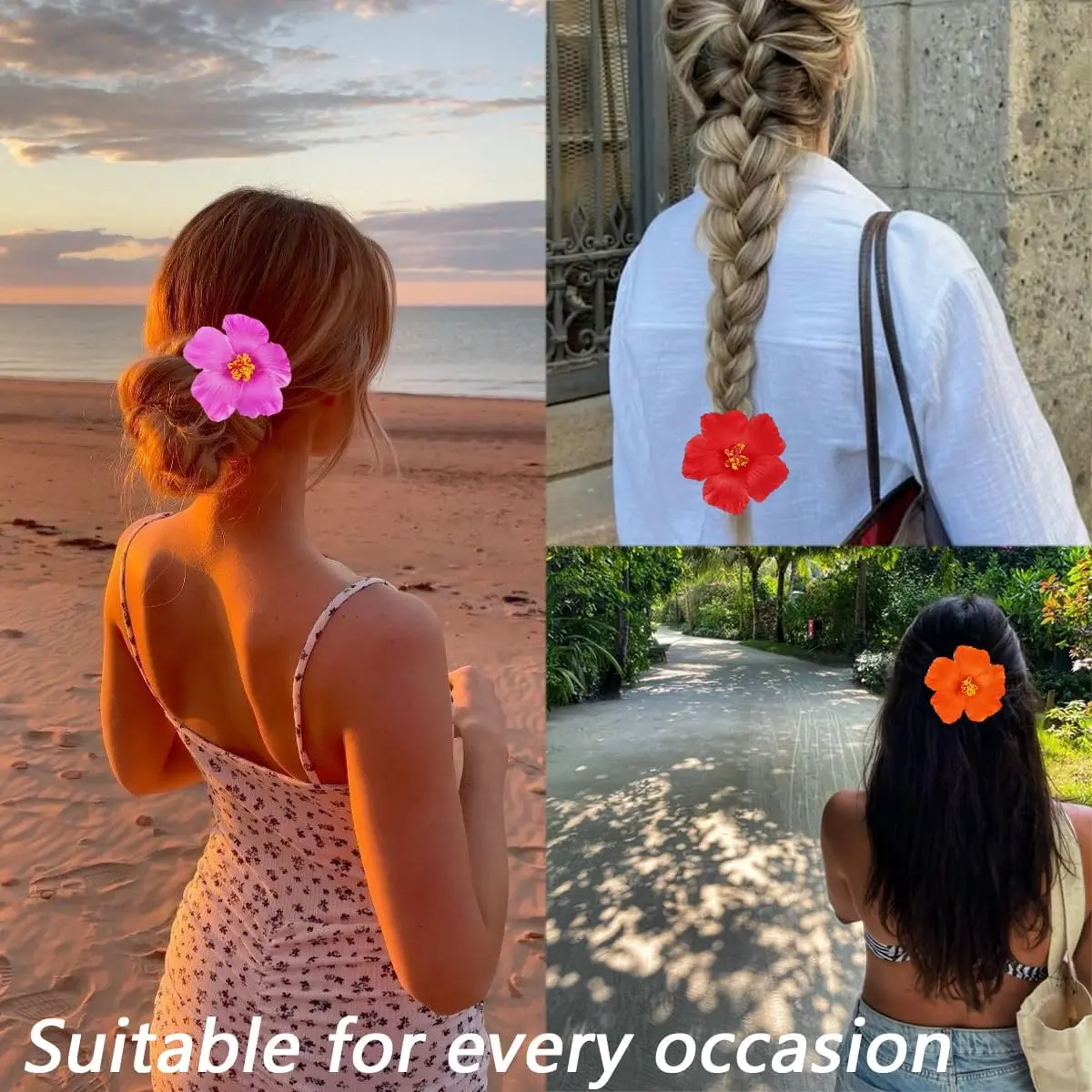 Four colorful Hawaiian flower hair clips, including red, orange, purple, and yellow hibiscus designs, perfect for adding a tropical touch to hairstyles for beach outings, weddings, and everyday wear.