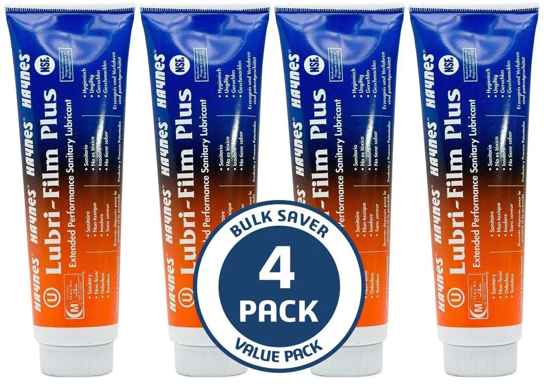 Four-pack of 4 oz Haynes Lubri-Film Plus lubricant for soft serve equipment, ensuring smooth operation and protection.
