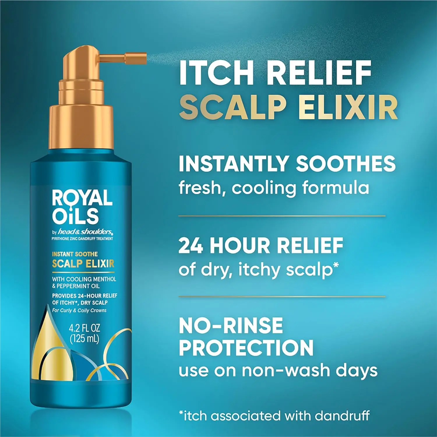 Head and Shoulders Royal Oils Instant Soothe Scalp Elixir with menthol and peppermint oil provides 24-hour scalp protection and relief from dryness and itchiness.