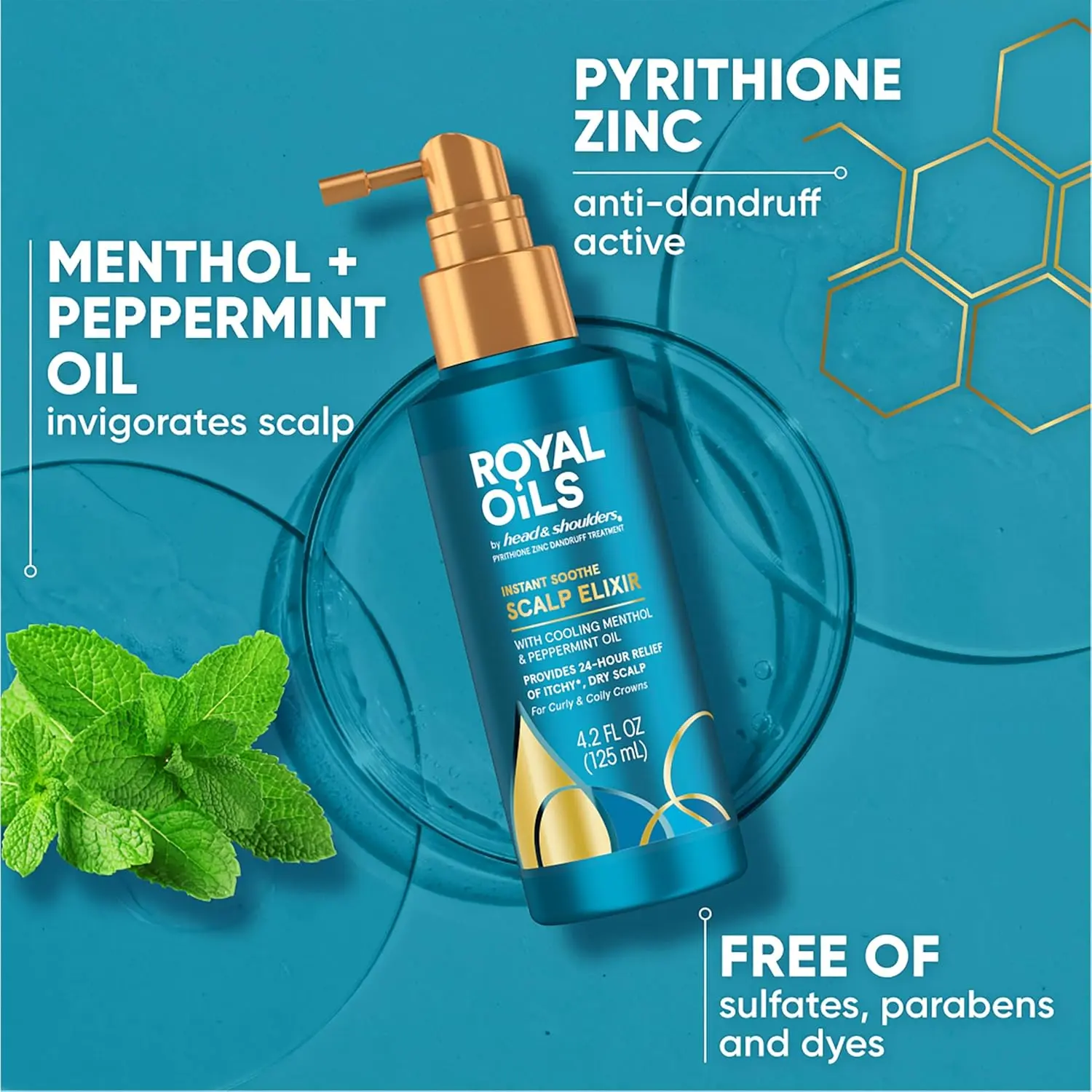 Head and Shoulders Royal Oils Instant Soothe Scalp Elixir with menthol and peppermint oil provides 24-hour scalp protection and relief from dryness and itchiness.
