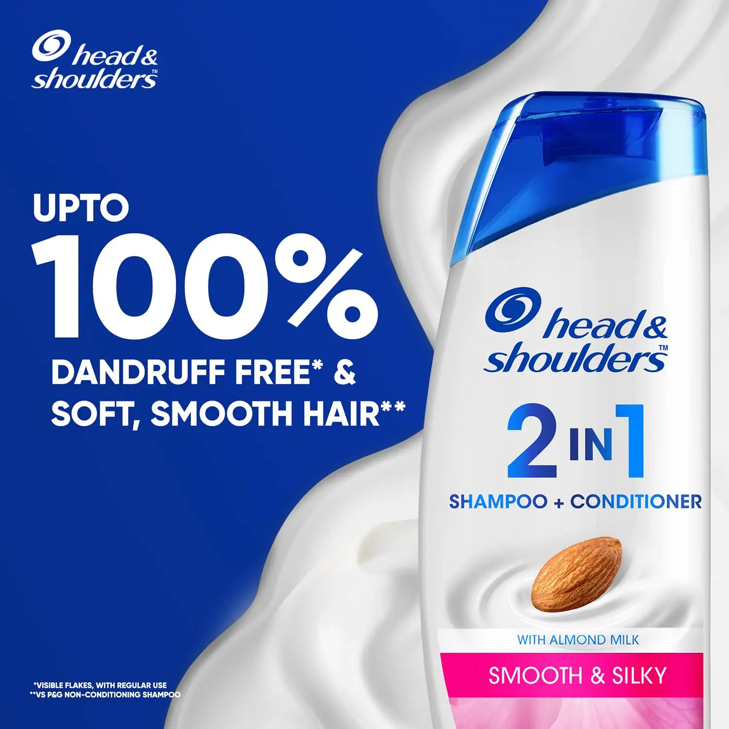 Head and Shoulders Smooth and Silky 2-in-1 shampoo and conditioner in foam form, helps soften dry, frizzy hair and eliminate visible dandruff flakes with regular use, suitable for all hair types including color treated hair.