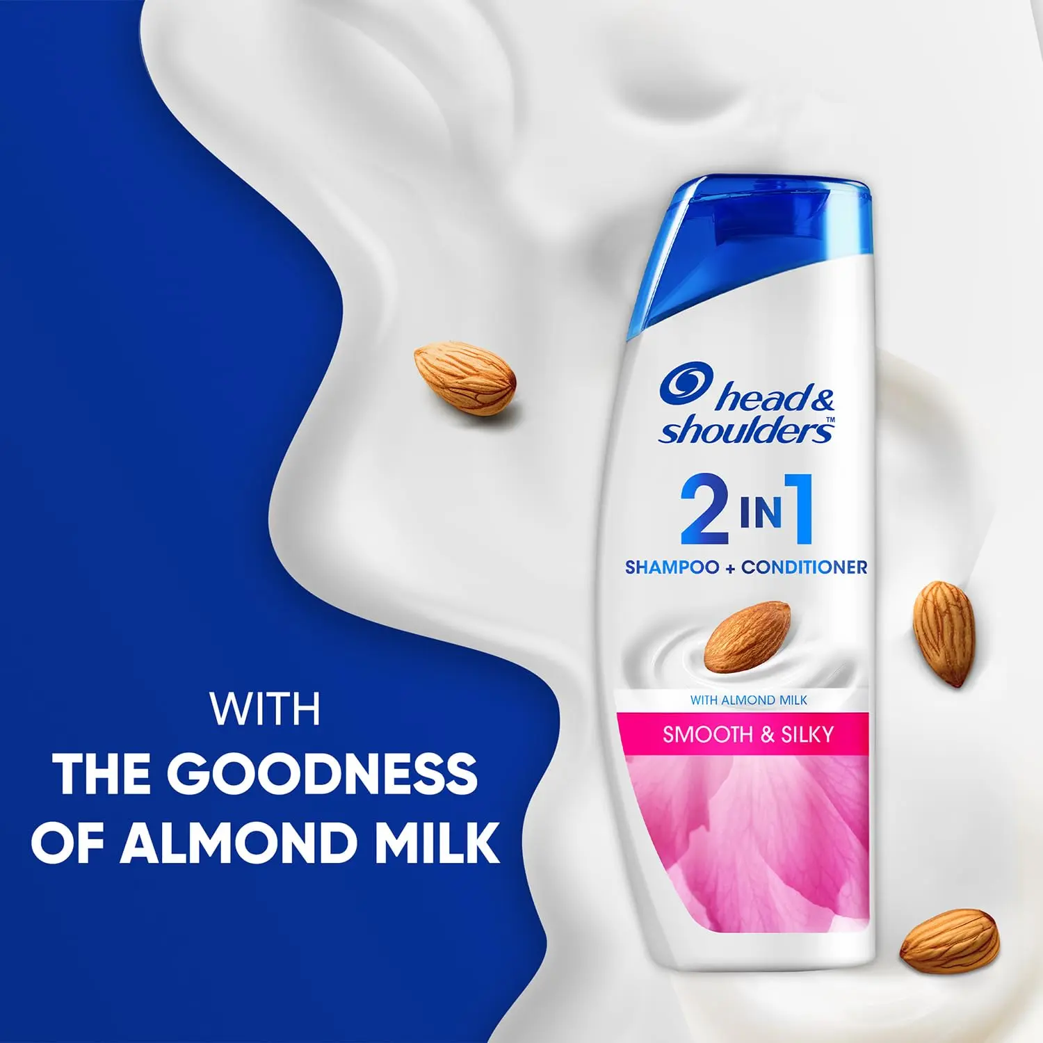 Head and Shoulders Smooth and Silky 2-in-1 shampoo and conditioner in foam form, helps soften dry, frizzy hair and eliminate visible dandruff flakes with regular use, suitable for all hair types including color treated hair.