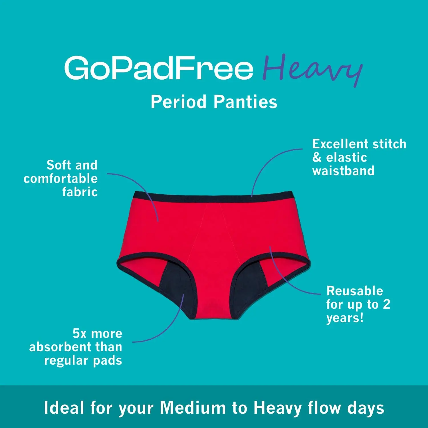 Black Healthfab period panty underwear, reusable and leak-proof for medium to heavy flow, providing comfortable and reliable protection during menstruation without pads.