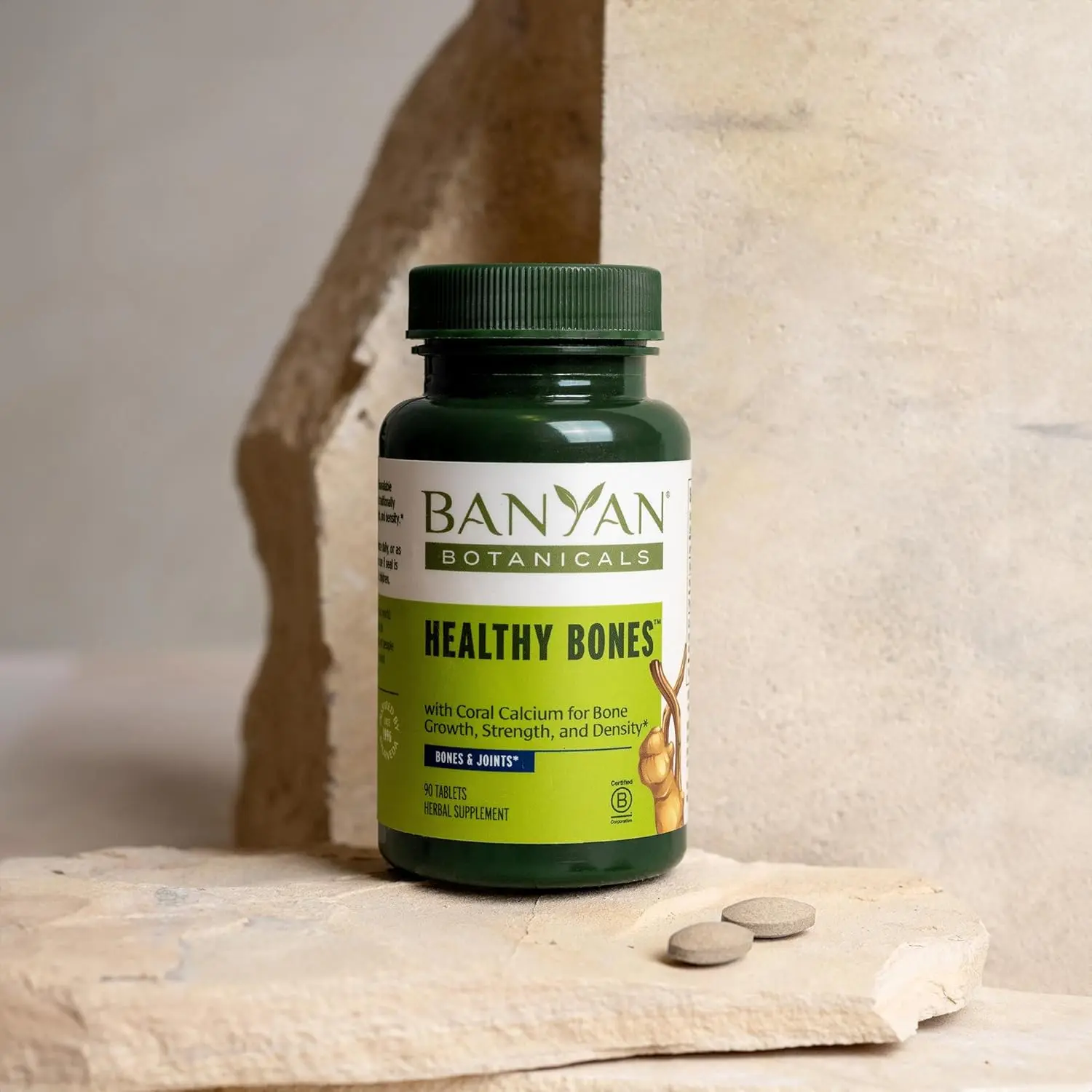 Banyan Botanicals Healthy Bones tablets help strengthen and rejuvenate bone tissue and support healthy bone density.