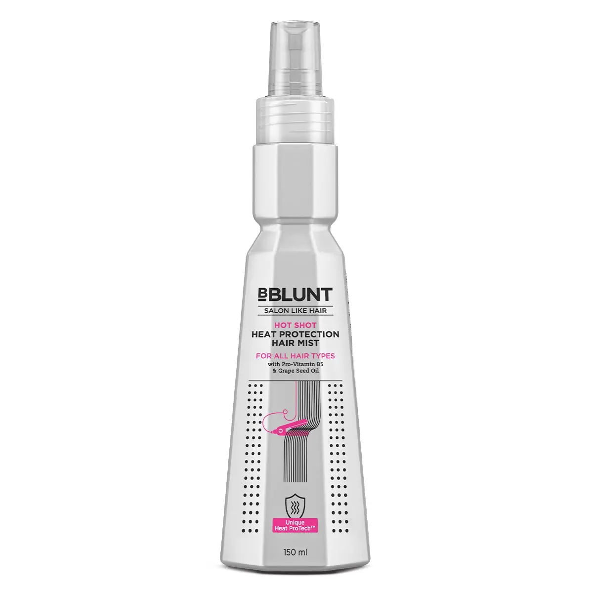 BBLUNT Hot Shot Heat Protect Hair Mist shields hair from heat up to 230°C, reduces frizz, and leaves hair smooth and shiny thanks to Vitamin B5 and nourishing oils.